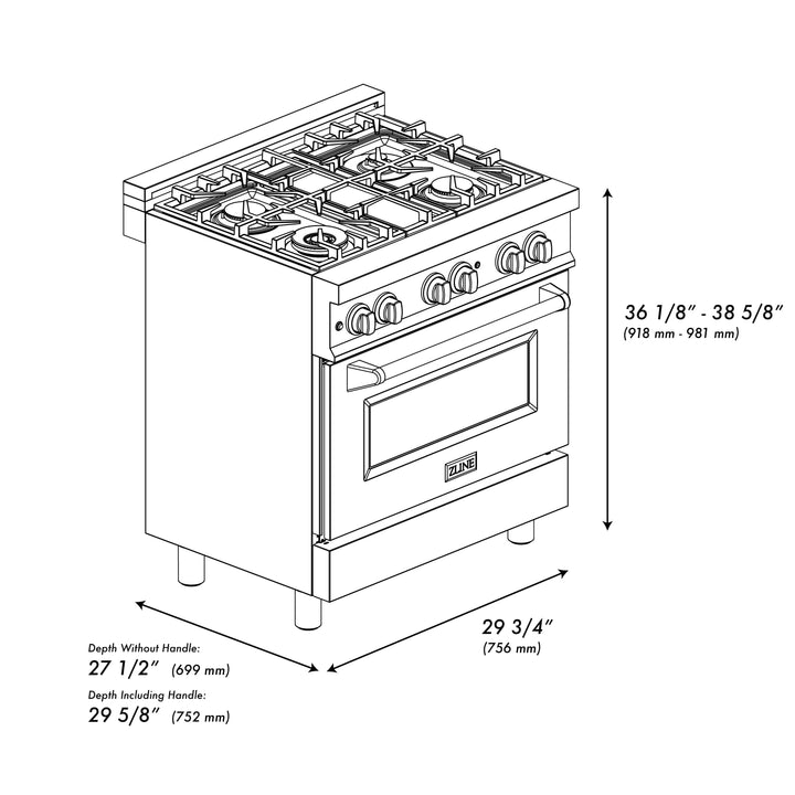 ZLINE Legacy 30 in. Dual Fuel Range with 4 Burner Gas Cooktop and 4.0 cu. ft. Electric Convection Oven in Satin Stainless Steel with White Matte Door (RAS-WM-30)