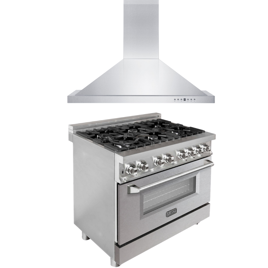 ZLINE Kitchen and Bath 36 in. Dual Fuel Range with Satin Stainless Steel Door & 36 in. Range Hood Appliance Package, 2KP-RASNRH36