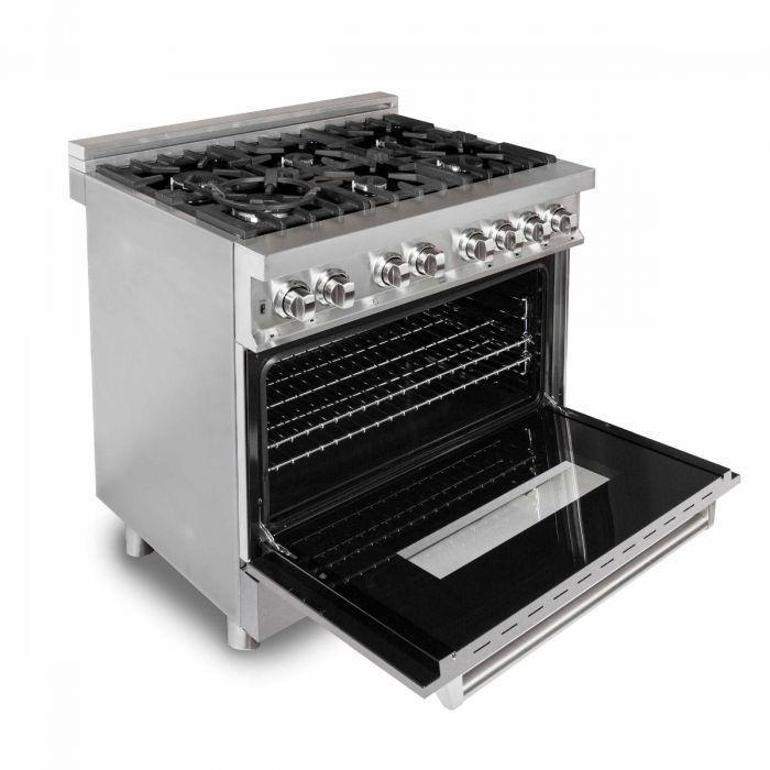 ZLINE Kitchen and Bath 36 in. Dual Fuel Range with Satin Stainless Steel Door & 36 in. Range Hood Appliance Package, 2KP-RASNRH36