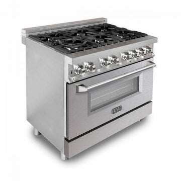 ZLINE Kitchen and Bath 36 in. Dual Fuel Range with Satin Stainless Steel Door & 36 in. Range Hood Appliance Package, 2KP-RASNRH36
