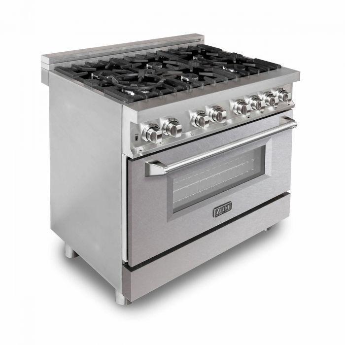 ZLINE Kitchen and Bath 36 in. Dual Fuel Range with Satin Stainless Steel Door & 36 in. Range Hood Appliance Package, 2KP-RASNRH36