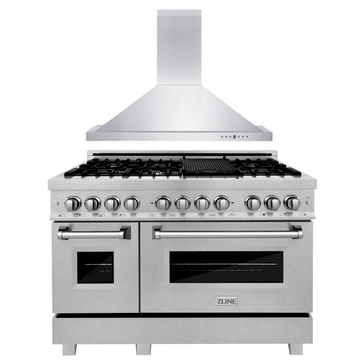 ZLINE 48 in. Dual Fuel Range with Satin Stainless Steel Door & 48 in. Range Hood, 2KP-RASNRH48
