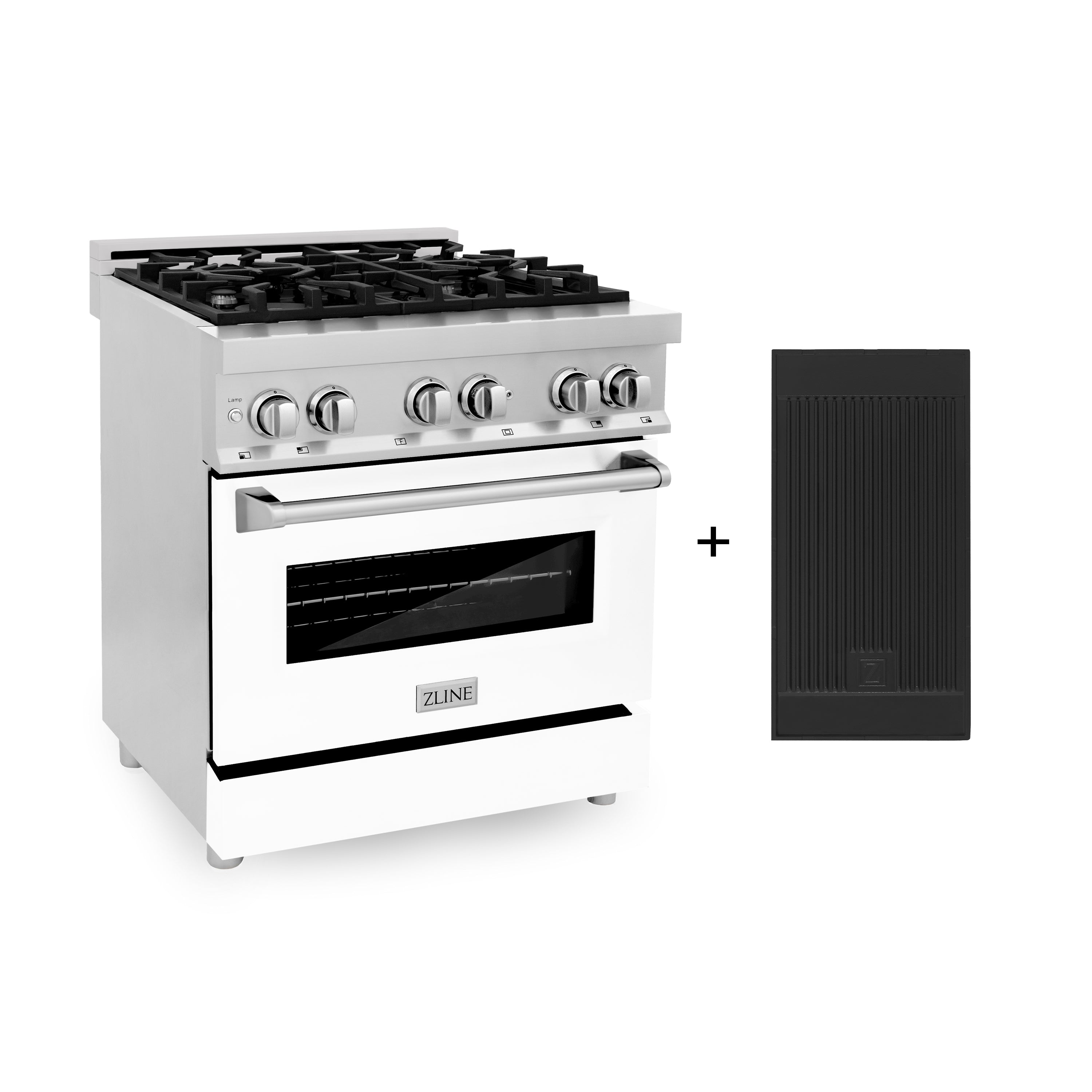 ZLINE 30-Inch Dual Fuel Range with Gas Burners, Electric Oven, Griddle, and White Matte Door in Stainless Steel (4.0 cu. ft.), Model RA-WM-GR-30