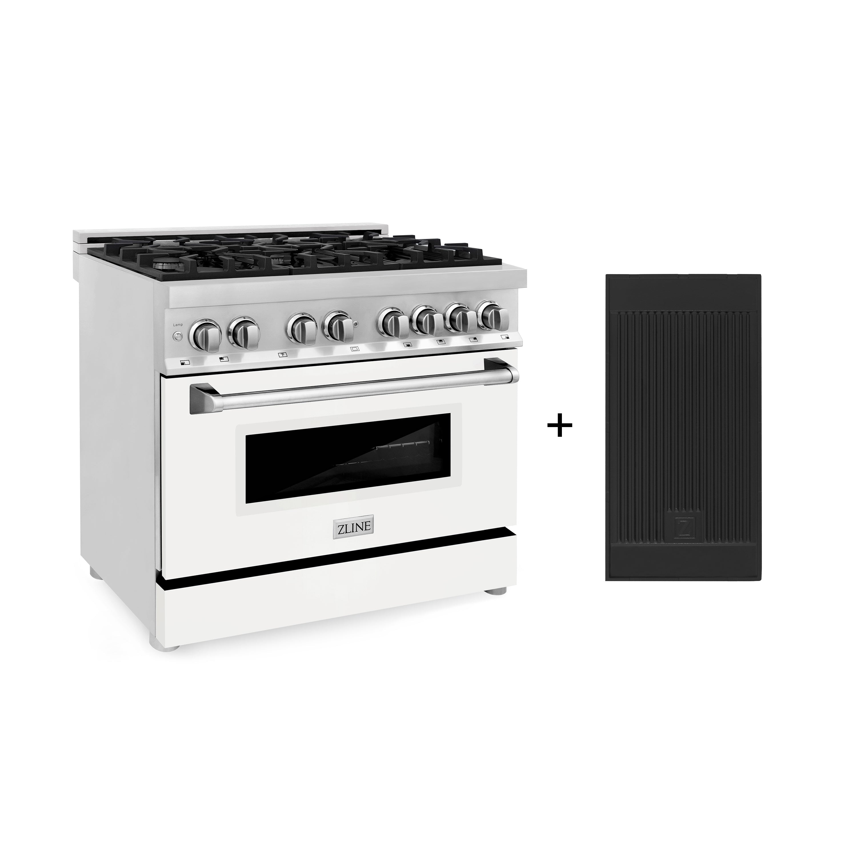 ZLINE 36-Inch Dual Fuel Range with Gas Cooktop, Electric Oven, Griddle, and White Matte Door in Stainless Steel, 4.6 cu. ft. (RA-WM-GR-36)