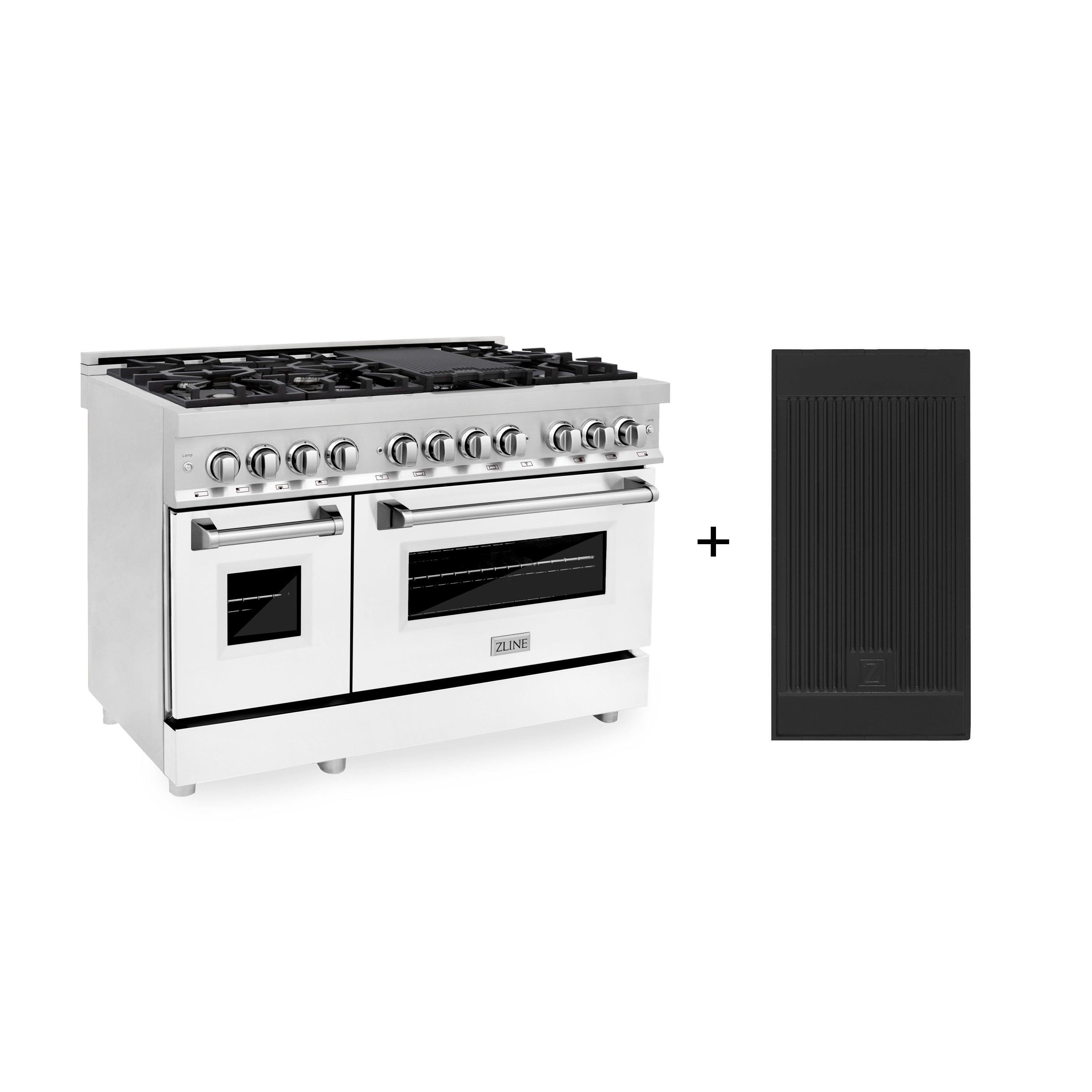 ZLINE 48-Inch Dual Fuel Range with Gas Cooktop, Electric Oven, Griddle, 6.0 cu. ft., White Matte Door, Stainless Steel (RA-WM-GR-48)