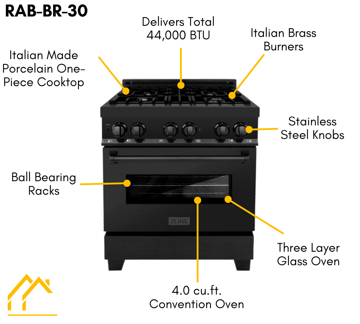ZLINE 30" Dual Fuel Professional Range with Gas Burners & Electric Convection Oven, Black Stainless Steel with Brass Burners (RAB-BR-30)
