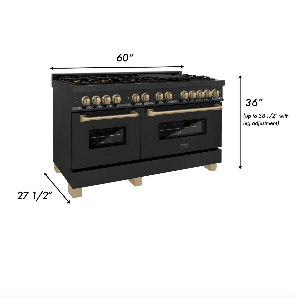 ZLINE Autograph 60 in. 7.4 cu. ft. Dual Fuel Range in Black Stainless Steel with Champagne Bronze Accents (RABZ-60-CB)