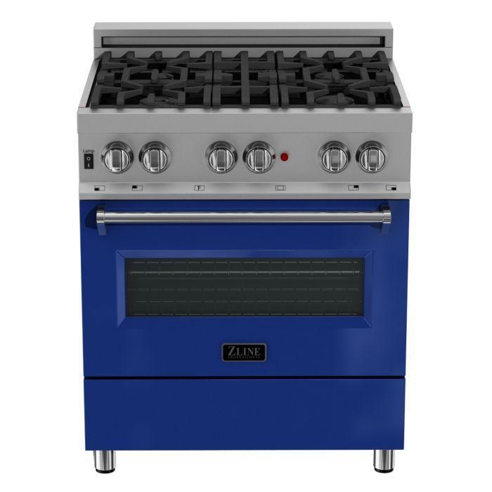 ZLINE 30" Dual Fuel Range in Satin Stainless Steel with Blue Gloss Door & 30" Range Hood Appliance Package, 2KP-RASBGRH30