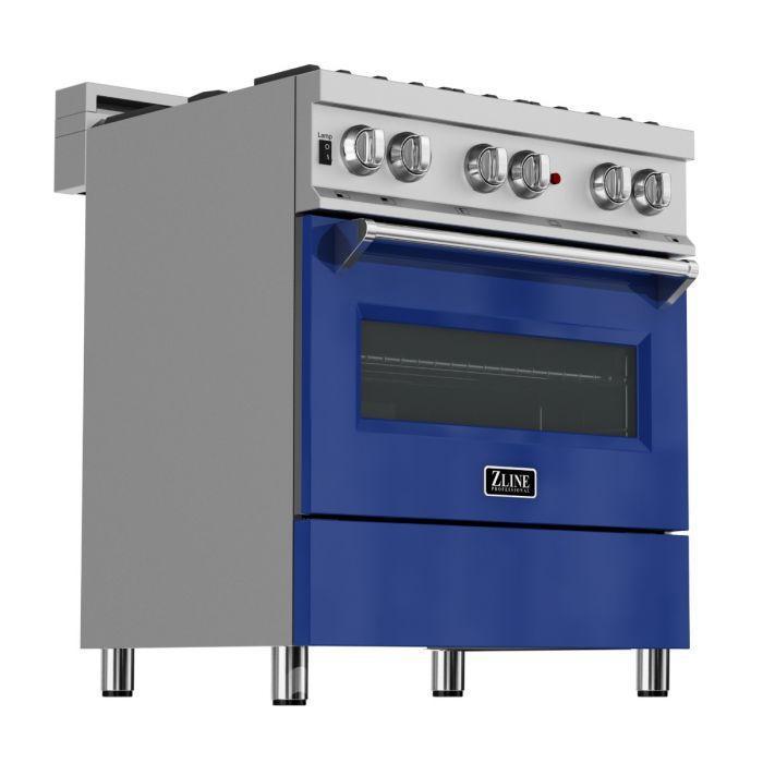 ZLINE 30" Dual Fuel Range in Satin Stainless Steel with Blue Gloss Door & 30" Range Hood Appliance Package, 2KP-RASBGRH30