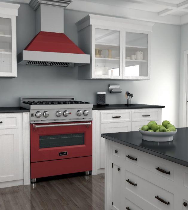 ZLINE 30" Dual Fuel Range in Satin Stainless Steel with Red Matte Door & 30" Range Hood Appliance Package, 2KP-RASRMRH30