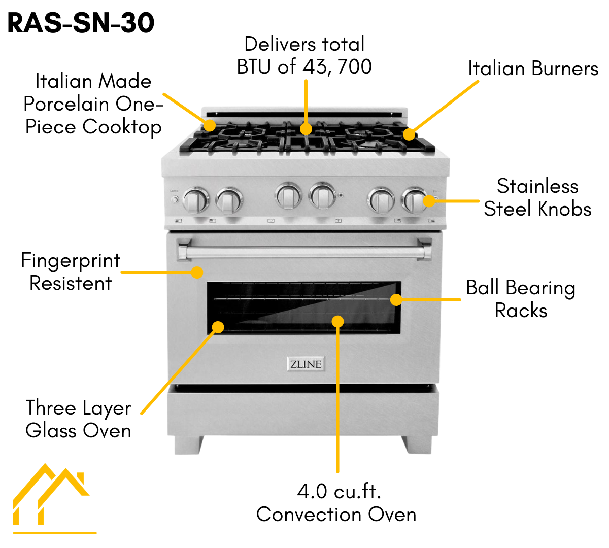 ZLINE Legacy 30-Inch Dual Fuel Range with 4-Burner Gas Cooktop, 4.0 cu. ft. Electric Convection Oven, Satin Stainless Steel (RAS-SN-30)