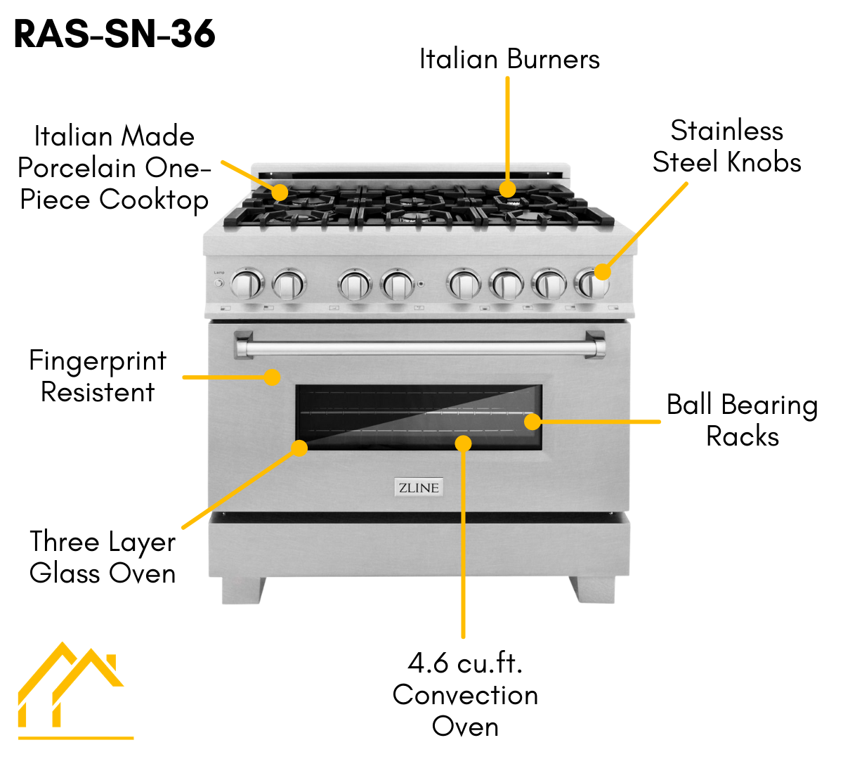 ZLINE Legacy 36-Inch Dual Fuel Range with 6-Burner Gas Cooktop and 4.6 cu ft Electric Convection Oven, Satin Stainless Steel (RAS-SN-36)
