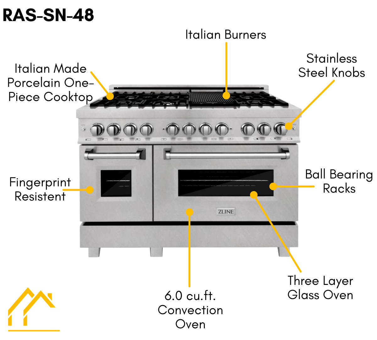 ZLINE Legacy 48-Inch Dual Fuel Range with 7 Gas Burners and Double Electric Ovens, Satin Stainless Steel (RAS-SN-48)