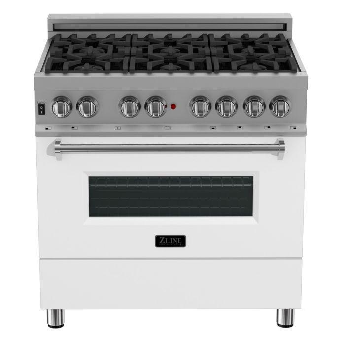 ZLINE 36" Dual Fuel Range in Satin Stainless Steel with White Matte Door & 36" Range Hood Appliance Package, 2KP-RASWMRH36