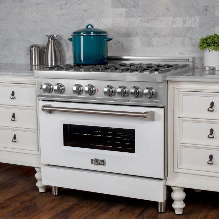 ZLINE 36" Dual Fuel Range in Satin Stainless Steel with White Matte Door & 36" Range Hood Appliance Package, 2KP-RASWMRH36
