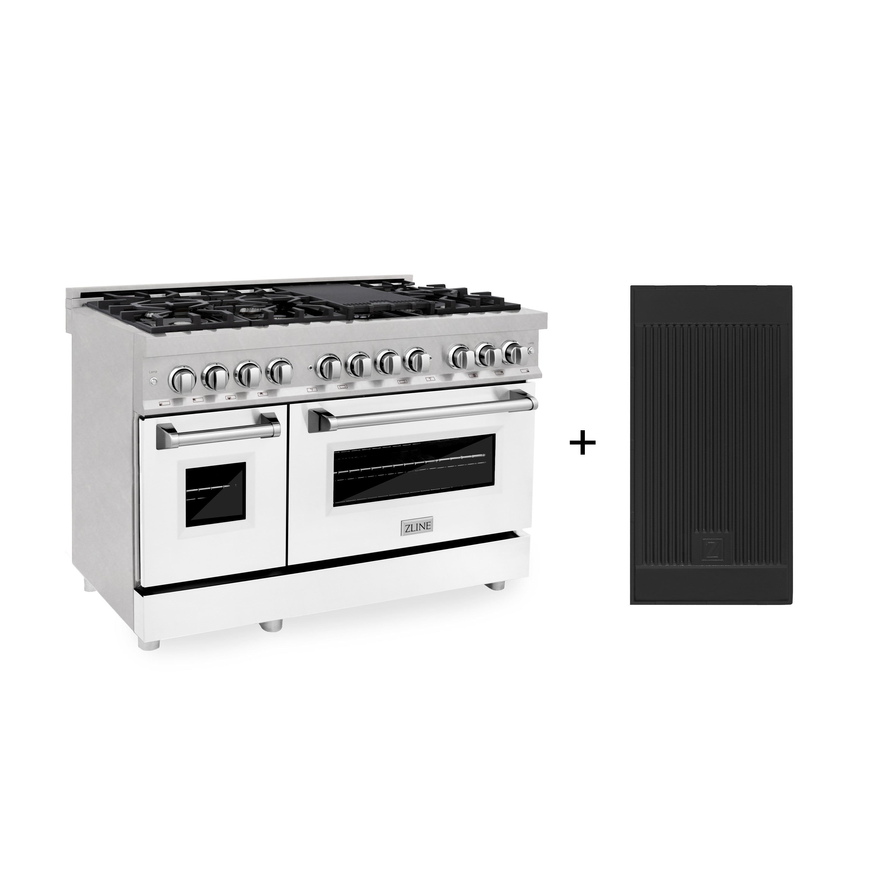 ZLINE 48 in. Legacy Dual Fuel Range, 7 Burner Gas Cooktop with Griddle, Double Electric Convection Ovens, Satin Stainless Steel with White Matte Doors, 6.0 cu. ft. (RAS-WM-GR-48)
