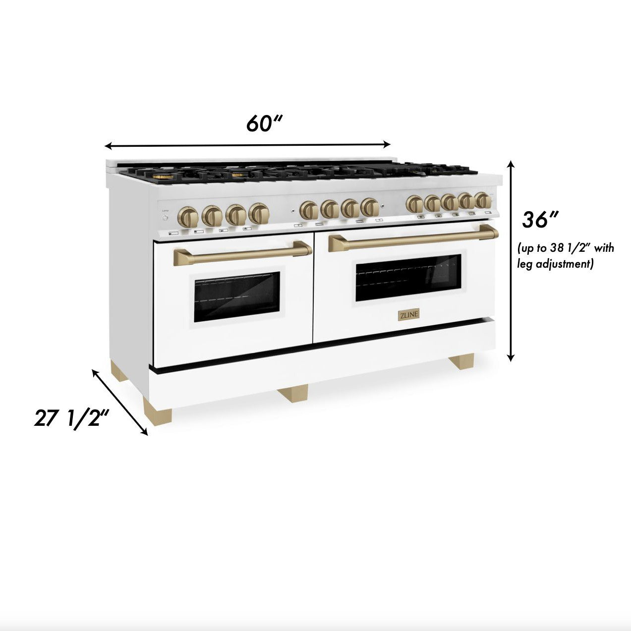 ZLINE Autograph Edition 60 in. Dual Fuel Range 7.4 cu. ft. Gas Cooktop & Electric Convection Oven with White Matte Door and Champagne Bronze Accents (RAZ-WM-60-CB)