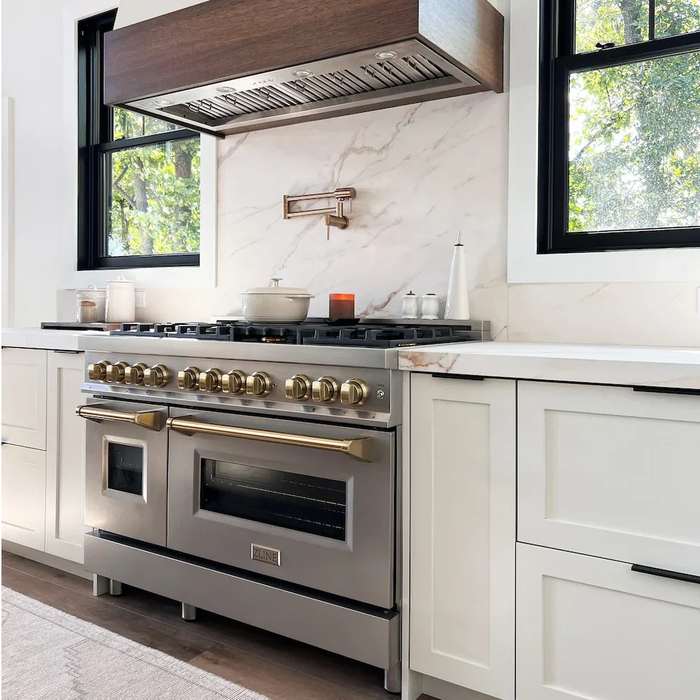 ZLINE Autograph Edition 48 in. Dual Fuel Range, 6.0 cu. ft. Oven, Stainless Steel with Champagne Bronze Accents (Model RAZ-48-CB)