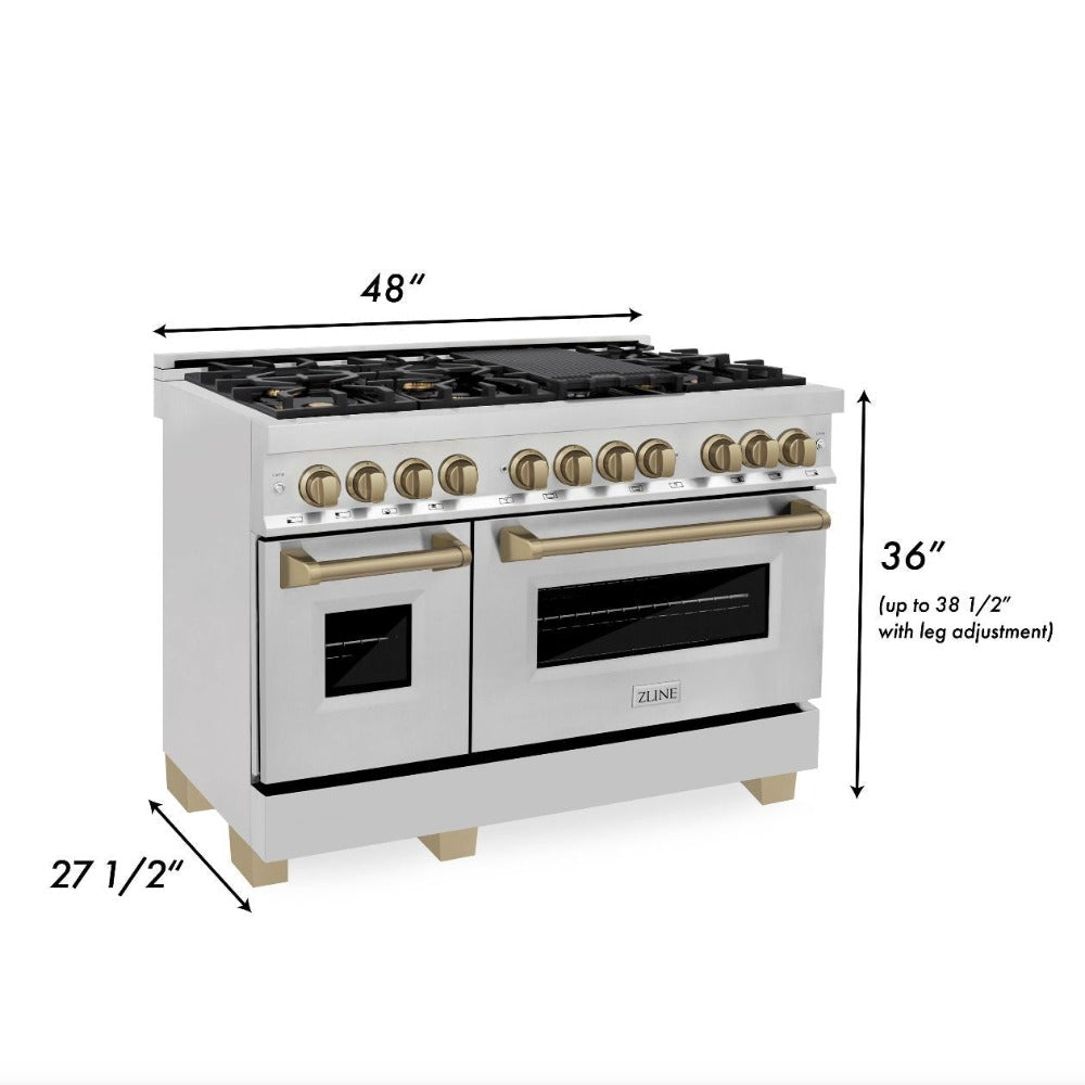 ZLINE Autograph Edition 48 in. Dual Fuel Range, 6.0 cu. ft. Oven, Stainless Steel with Champagne Bronze Accents (Model RAZ-48-CB)