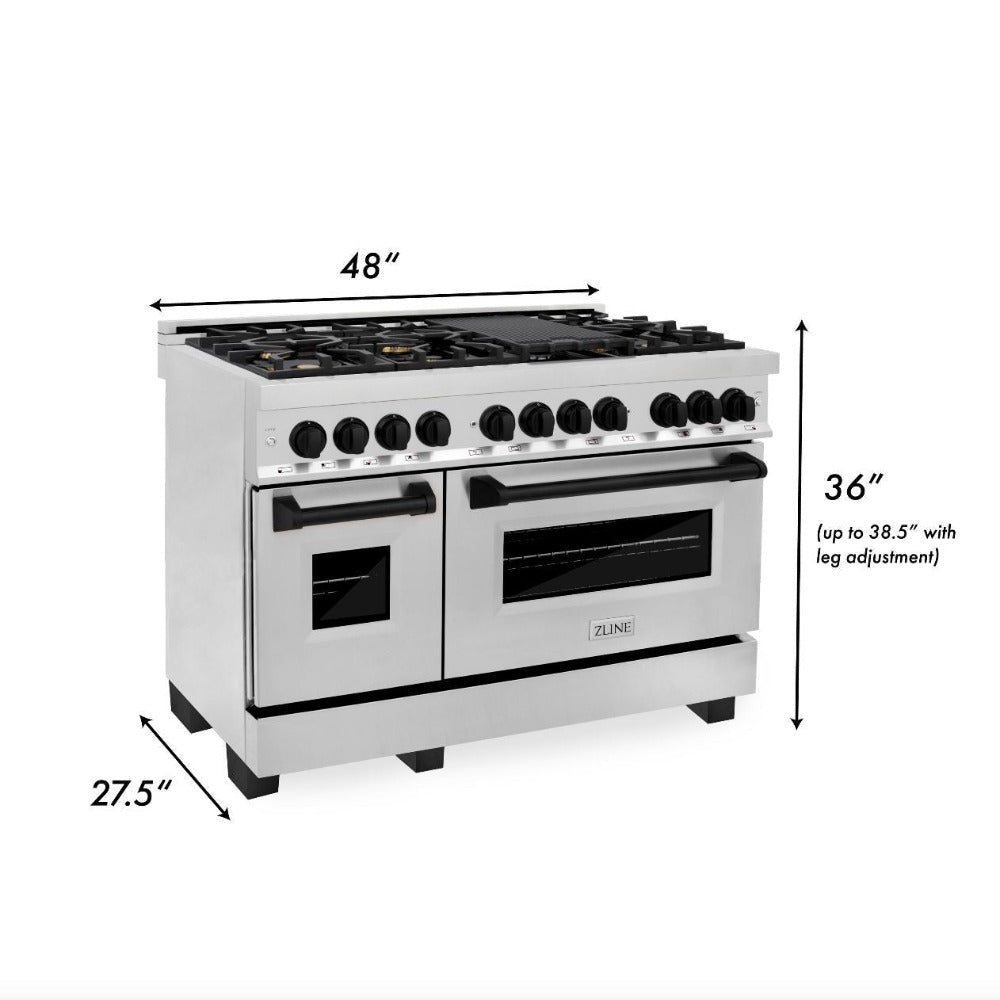 ZLINE Autograph Edition 48 in. 6.0 cu. ft. Dual Fuel Range with Gas Cooktop and Electric Convection Oven in Stainless Steel with Black Matte Accents (RAZ-48-MB)
