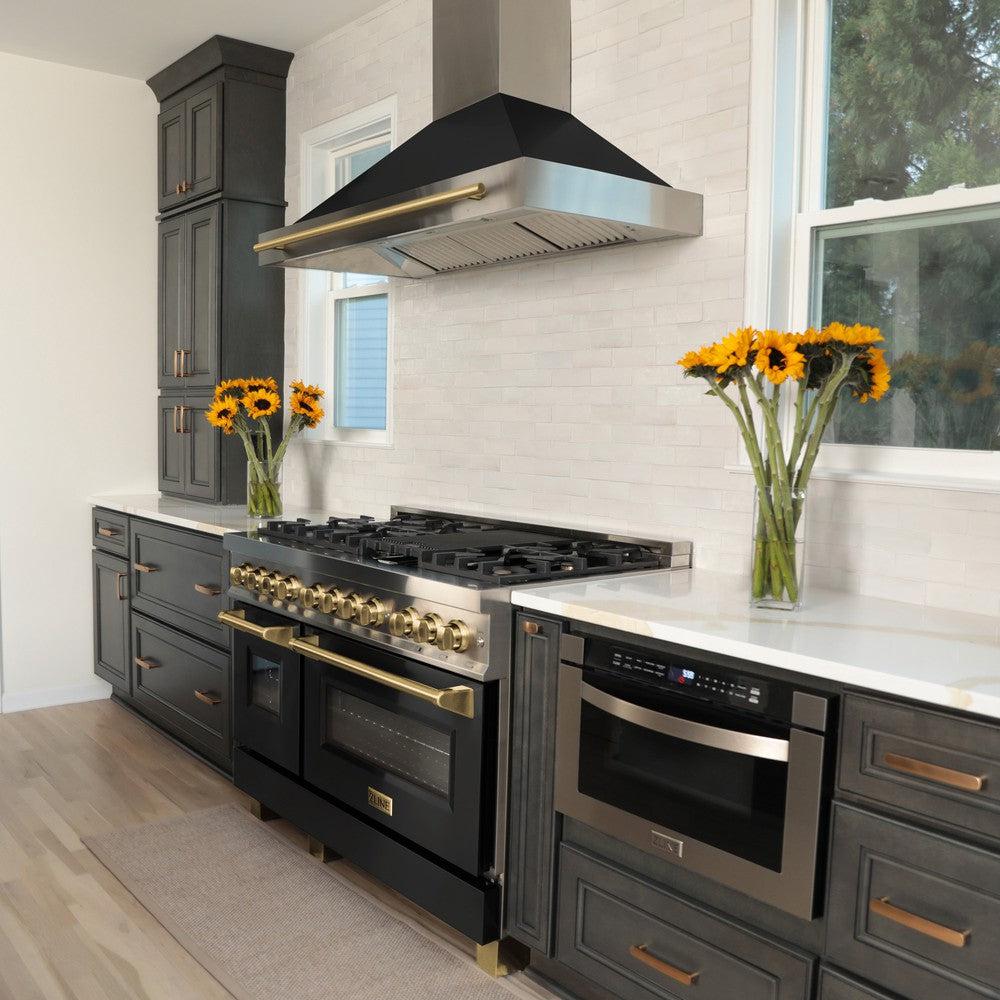 ZLINE Autograph Edition 48 in. Dual Fuel Range with Black Matte Door and Gold Accents, 6.0 cu. ft. (RAZ-BLM-48-G)