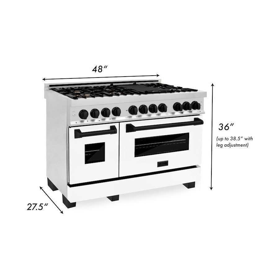 ZLINE Autograph Edition 48 in. 6.0 cu. ft. Dual Fuel Range with Gas Cooktop and Electric Convection Oven in Stainless Steel with White Matte Door and Matte Black Accents (RAZ-WM-48-MB)