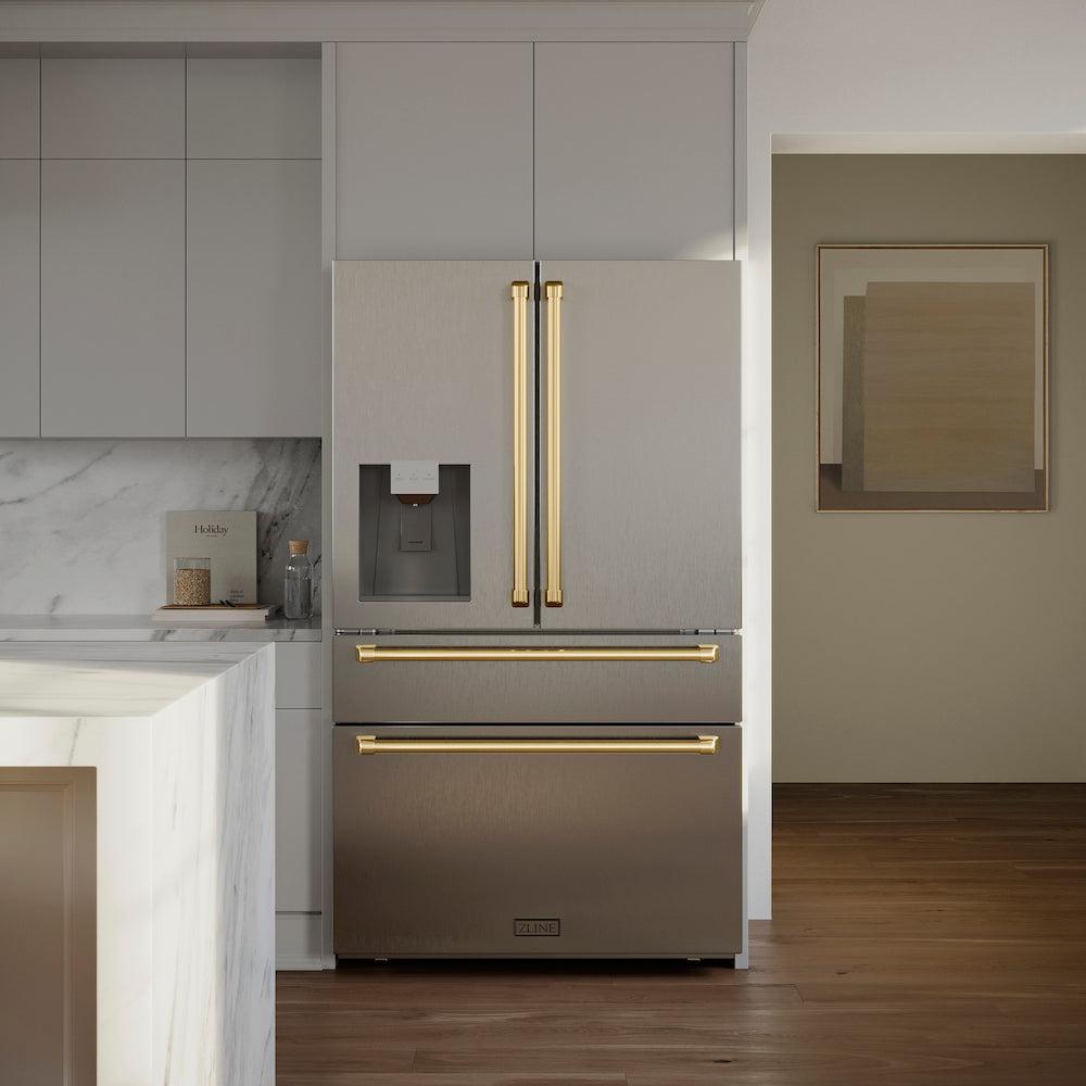 ZLINE 36 Inch French Door Refrigerator Fingerprint Resistant Stainless Steel Water & Ice Dispenser Gold Accents (RFMZ-W-36-G)