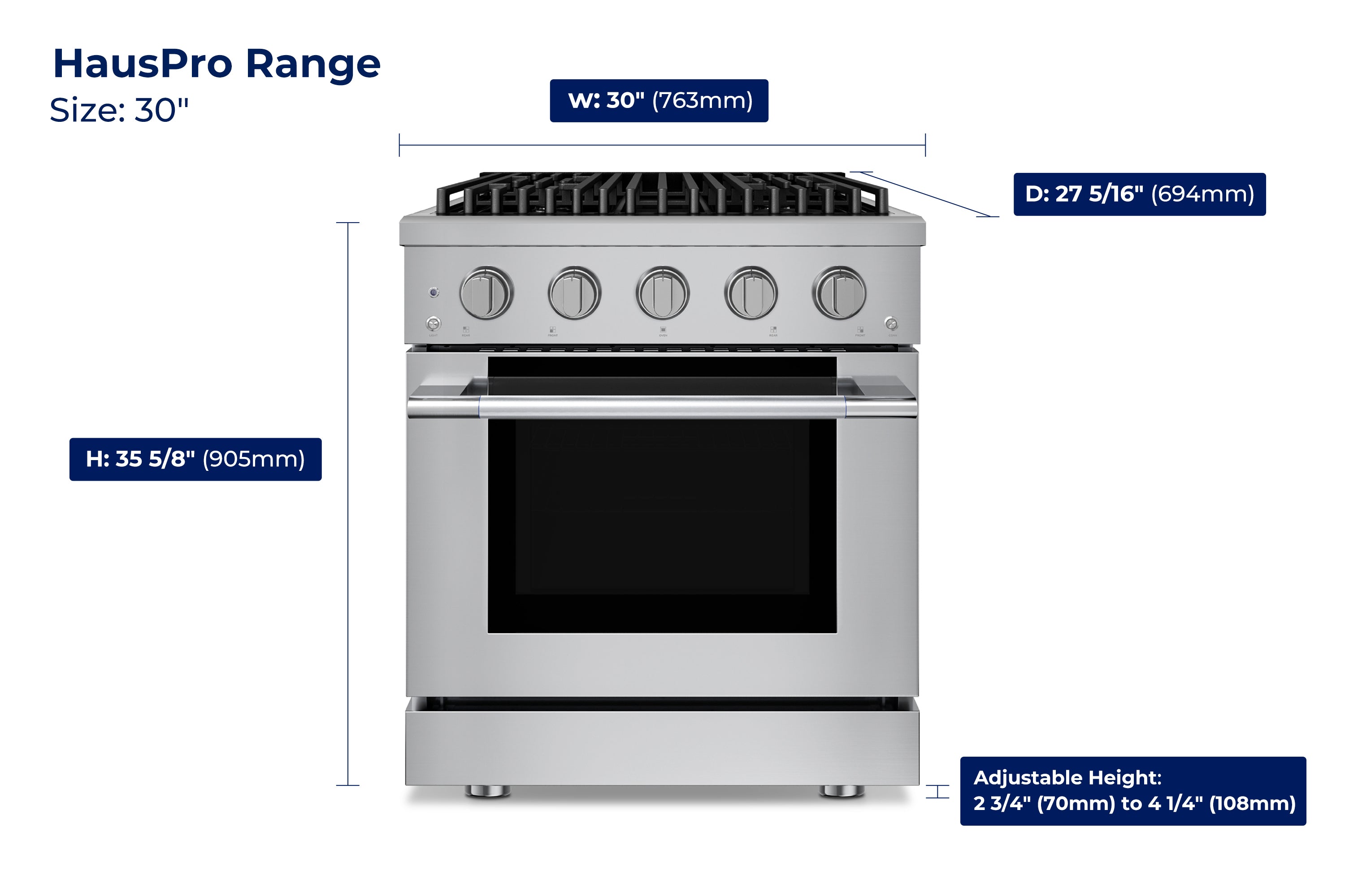 Hauslane HausPro Series 30-Inch Gas or Dual Fuel Range with 4 Burners and Convection Oven in Stainless Steel