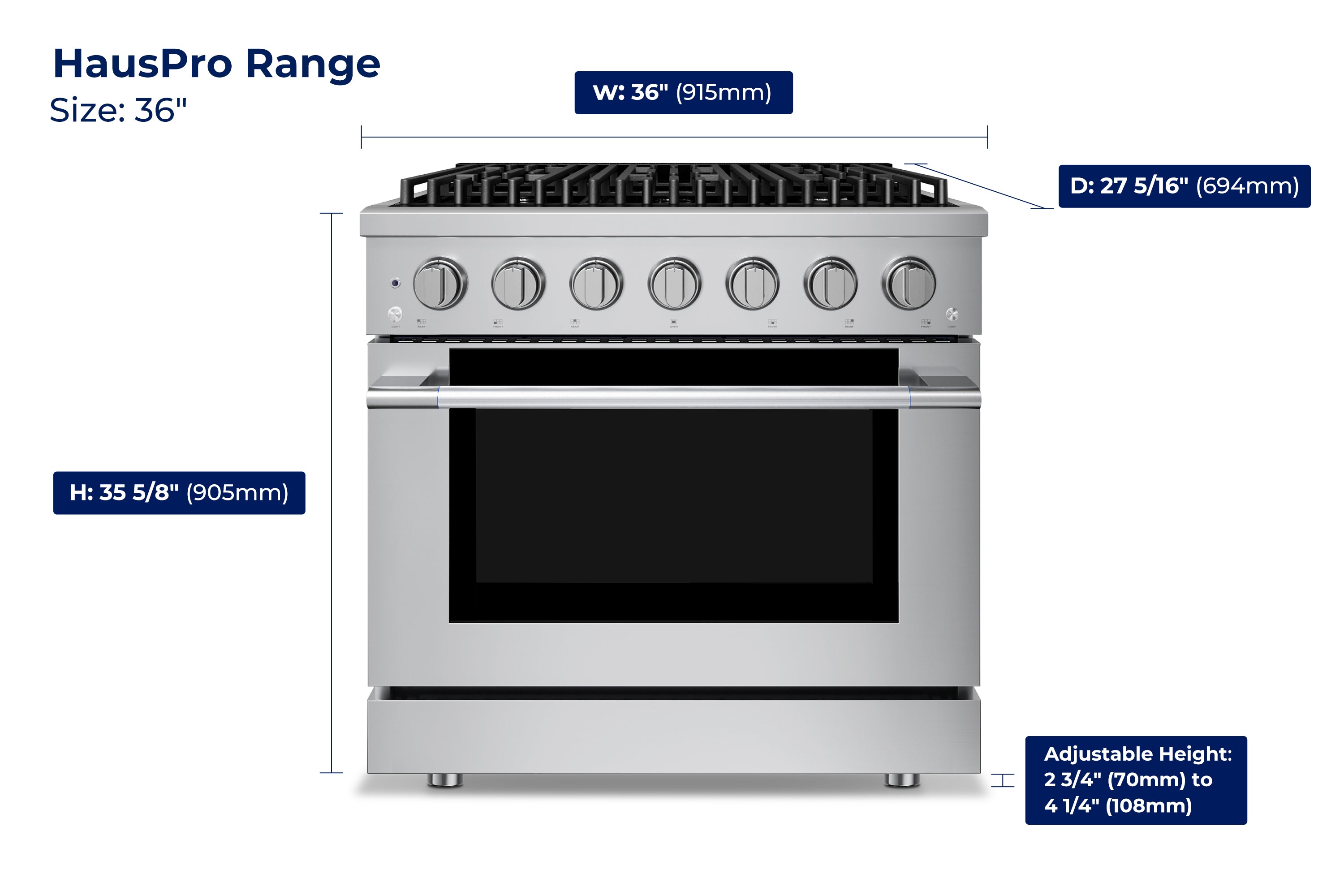 Hauslane HausPro Series 36-Inch Gas or Dual Fuel Range with 6 Burners and Convection Oven in Stainless Steel