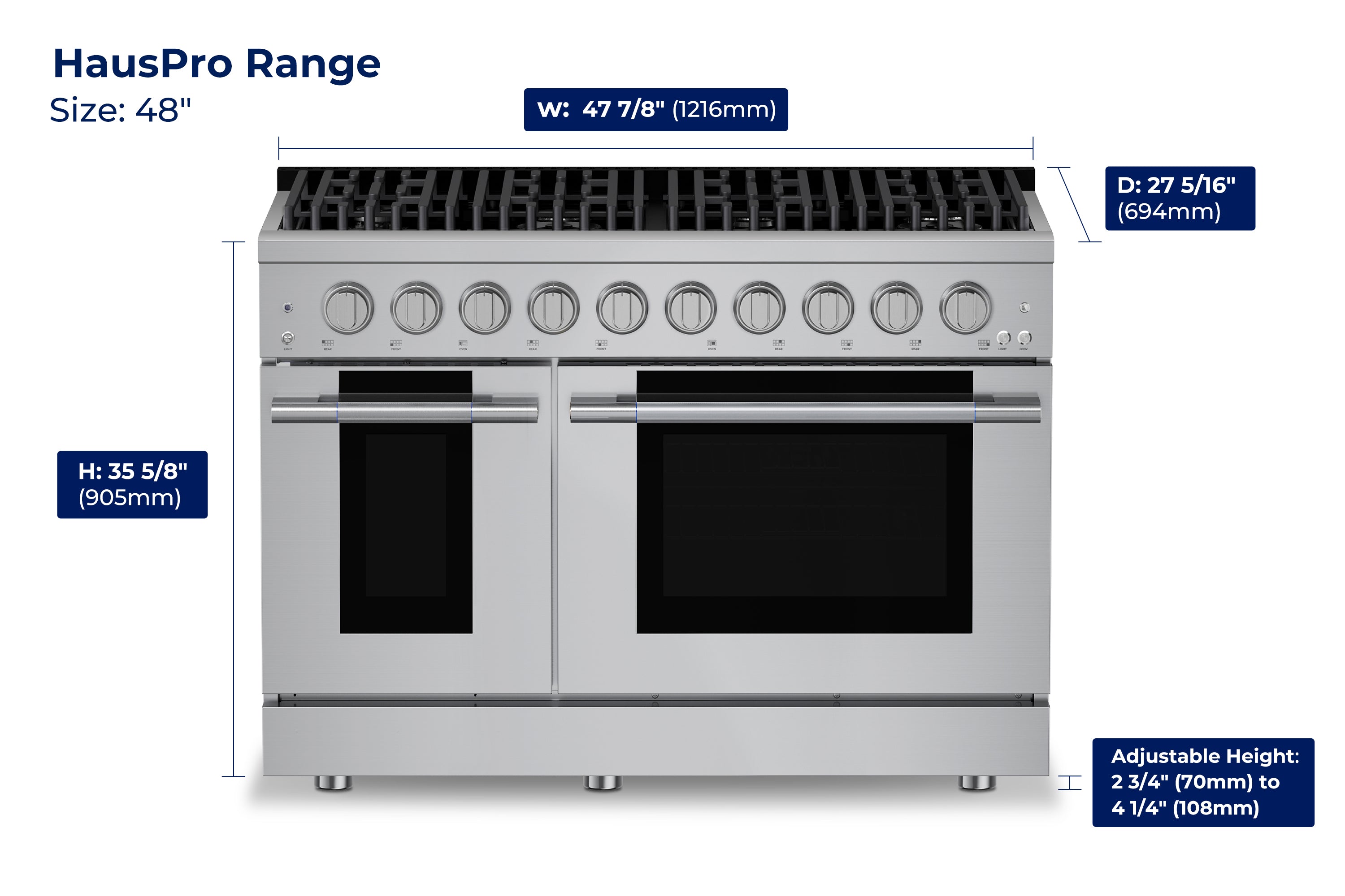 Hauslane HausPro Series 48-Inch Gas or Dual Fuel Range with 8 Burners and Convection Oven in Stainless Steel