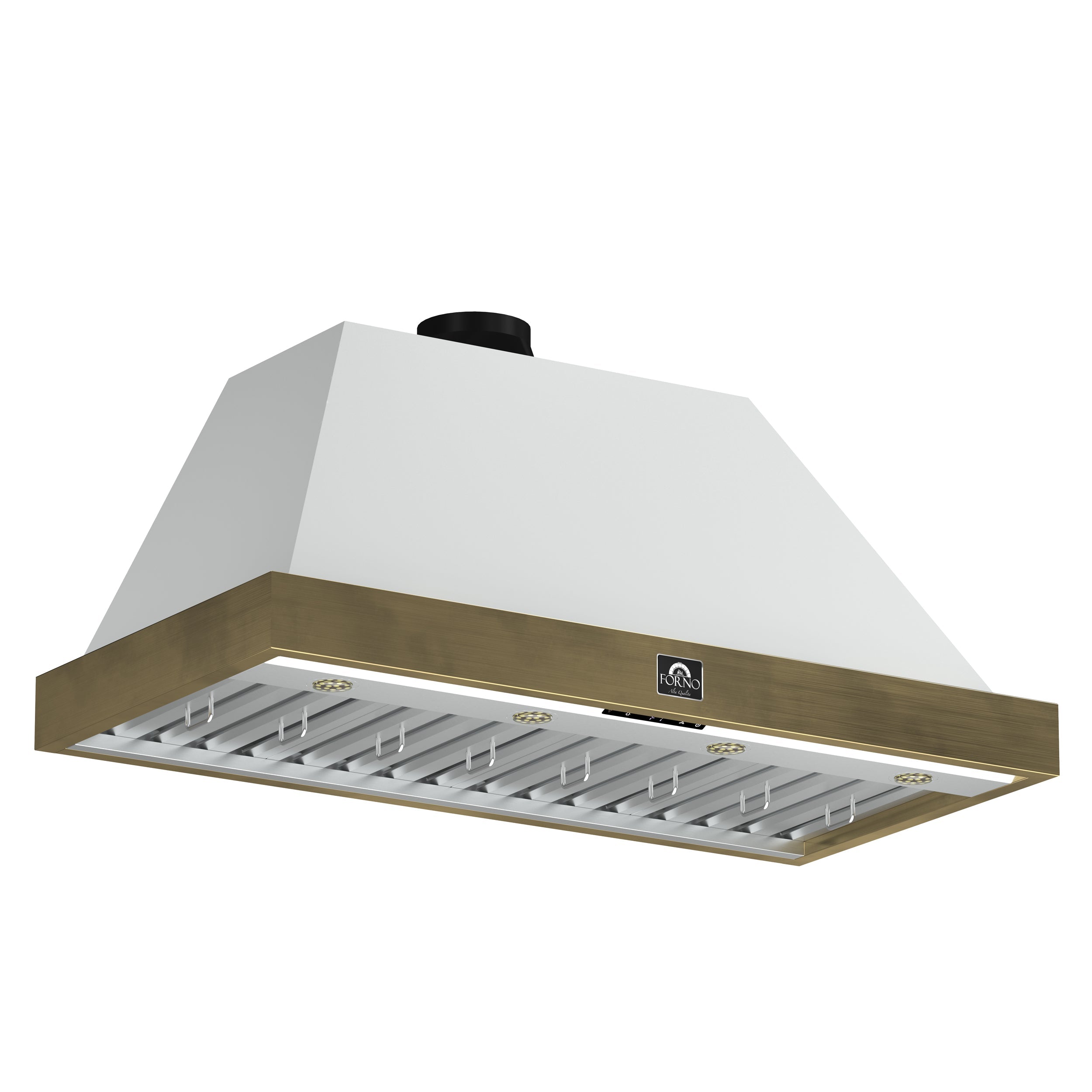 Forno Vittorio 48-Inch Wall-Mount Range Hood, 600 CFM, White with Antique Brass Trim, Remote Control (Model FRHWM5078-48WHT)