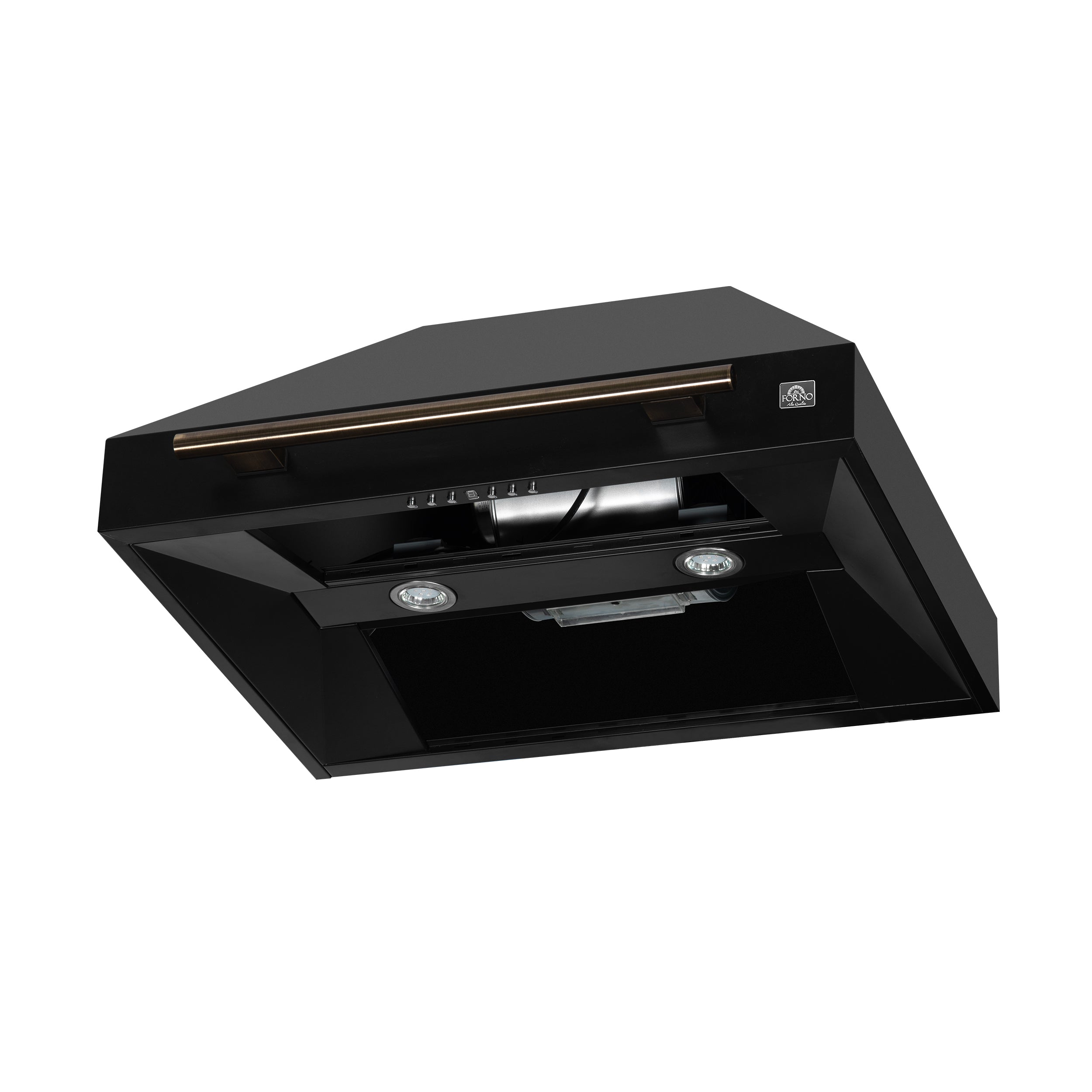 Forno Aria 30-Inch Wall-Mounted Convertible Range Hood, 600 CFM, Black with Antique Brass Accents (Model FRHWM5095-30BLK)