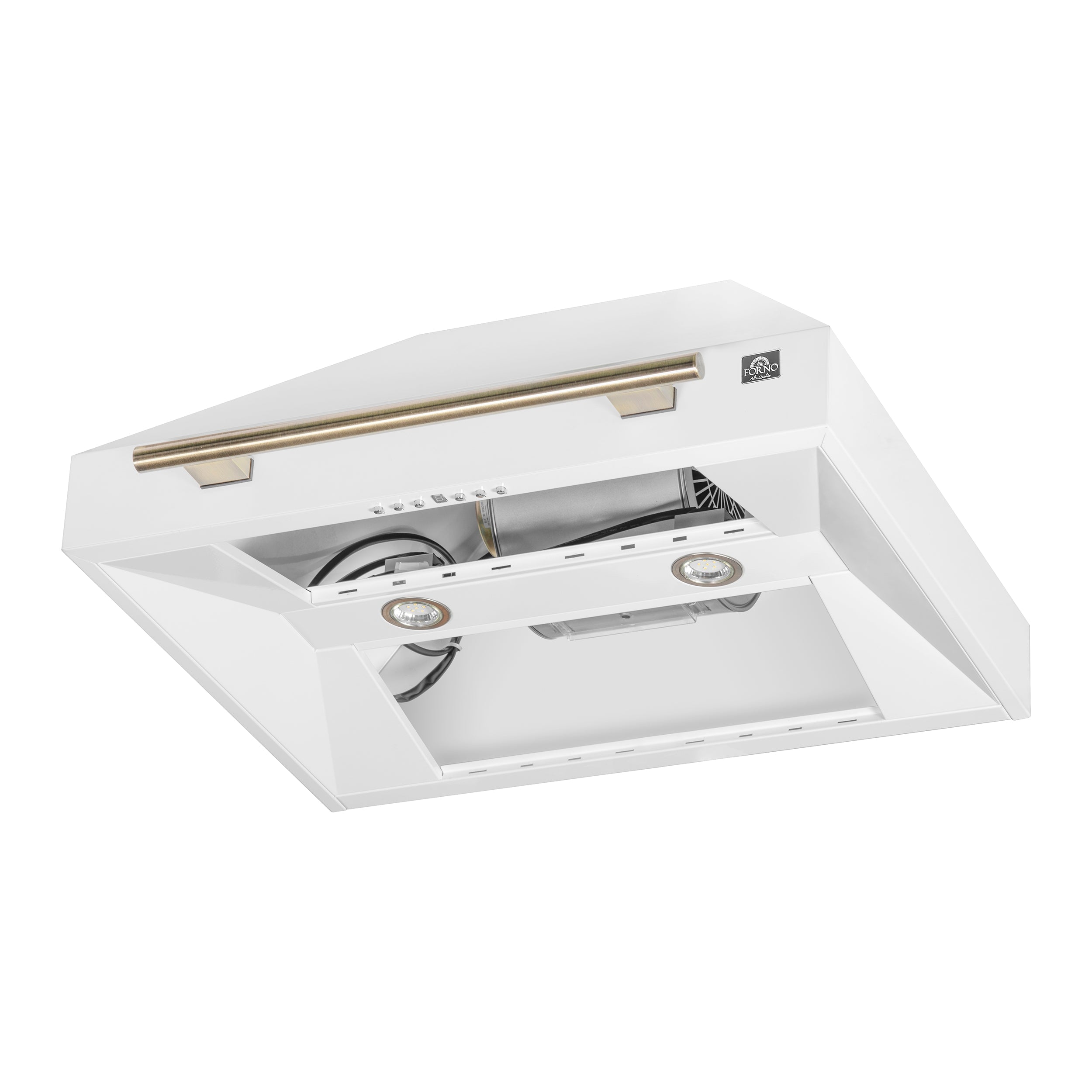 FORNO Aria 30-Inch Wall-Mount Convertible Range Hood, 600 CFM, White with Antique Brass Accents (Model FRHWM5095-30WHT)