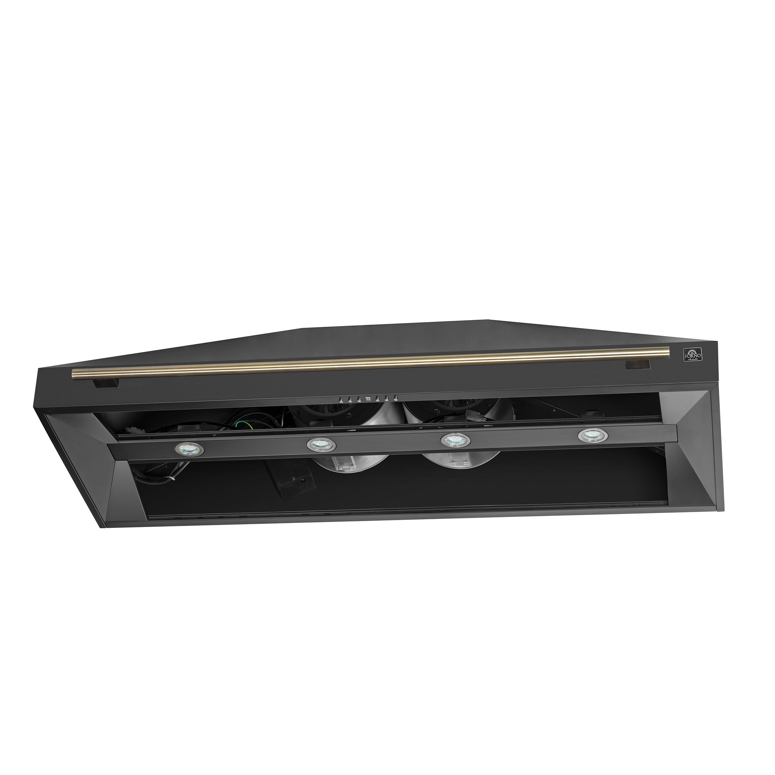 Forno Aria 60-Inch Wall-Mount Range Hood, 1200 CFM, Convertible Ducting, Black Finish with Brass Accents (Model FRHWM5095-60BLK)