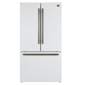 FORNO Rivello 36 in French Door Refrigerator, Standard Depth, Water & Ice Dispenser, White with Antique Brass Handles (Model FFFFD1783-36WHT)