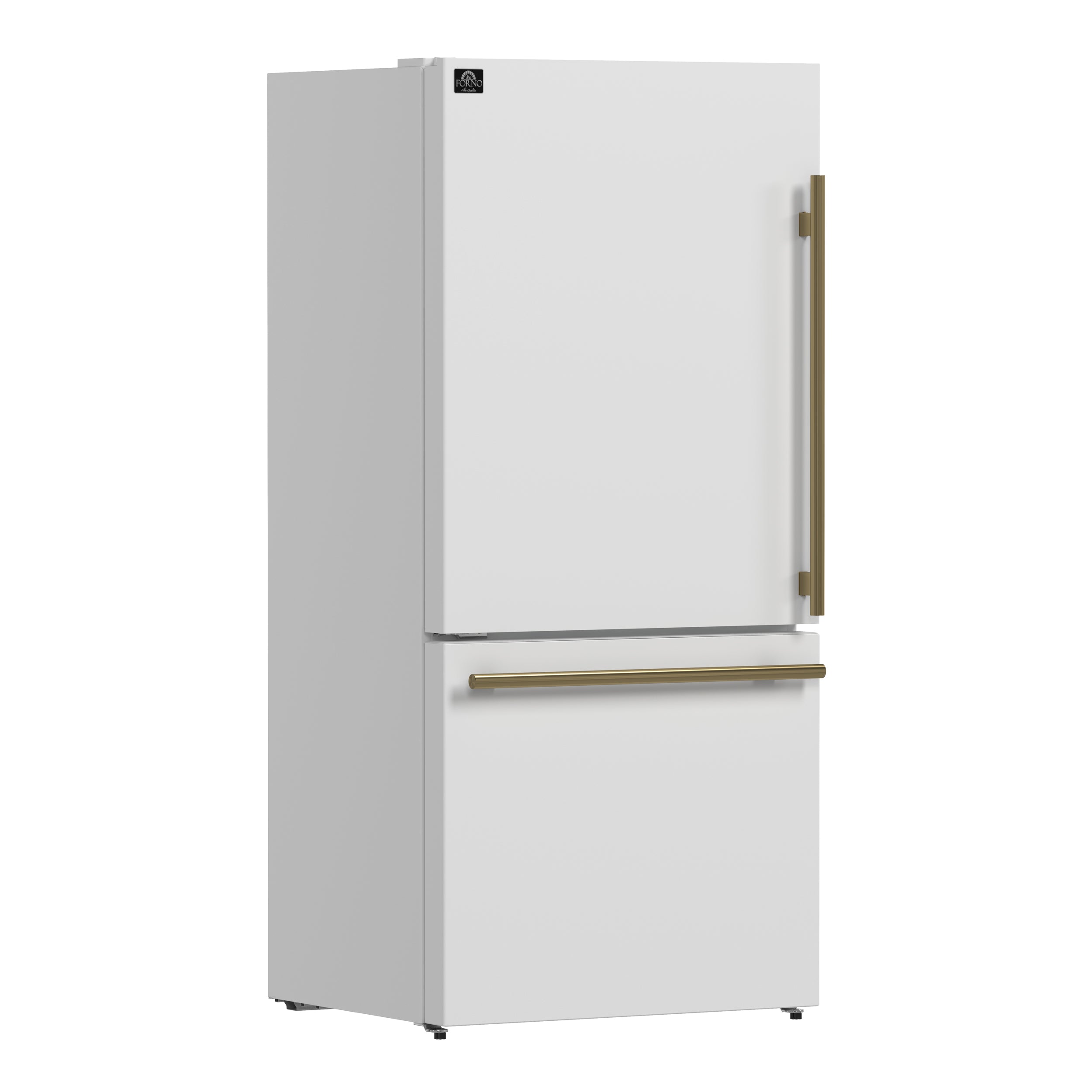Forno Espresso Milano 31-Inch French Door Refrigerator with Bottom Freezer, 17.2 cu. ft., Left Swing, Ice Maker, White Finish with Antique Brass Handles (Model FFFFD1786-31WHT)