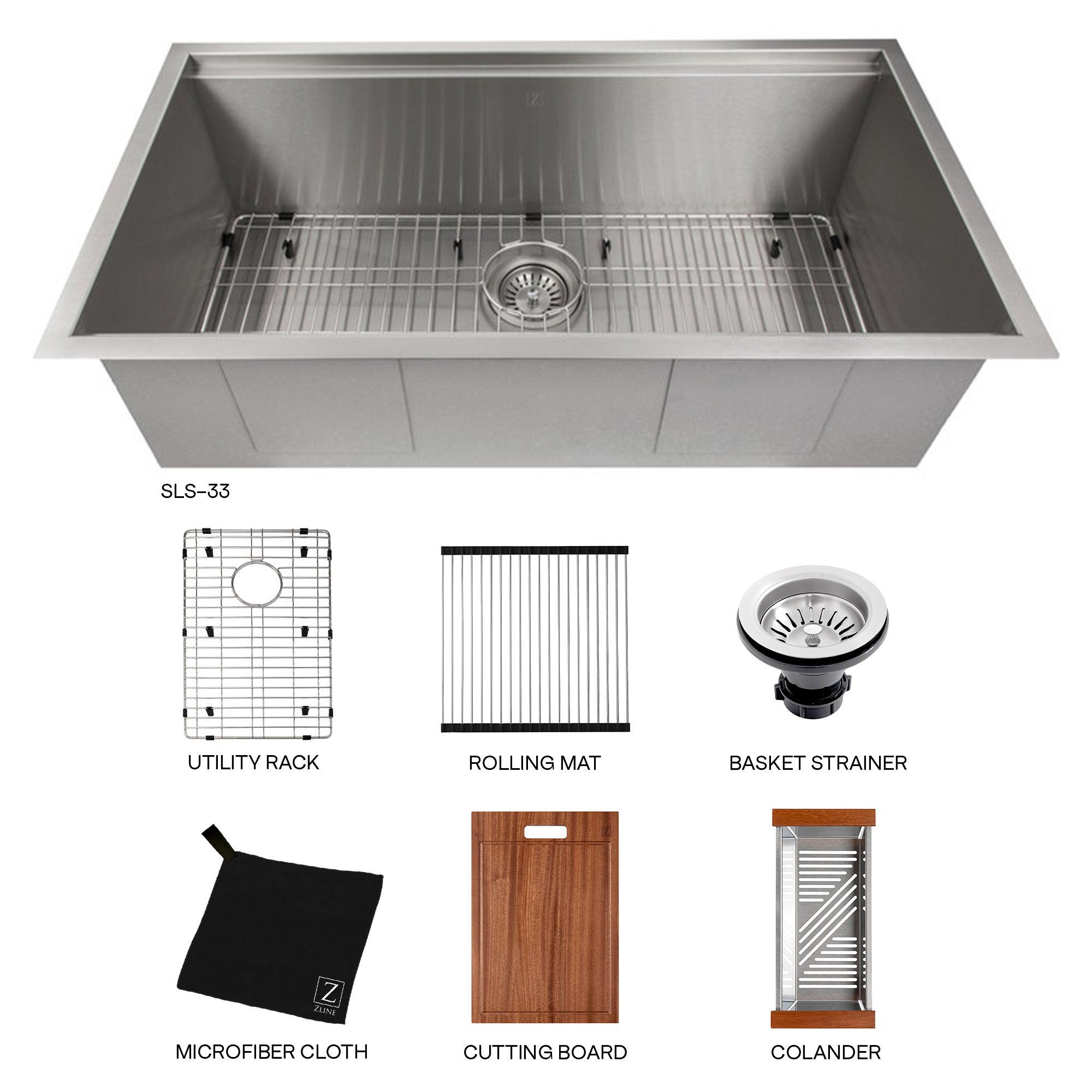ZLINE 33" Garmisch Undermount Single Bowl Kitchen Sink with Bottom Grid and Accessories, SLS-33S