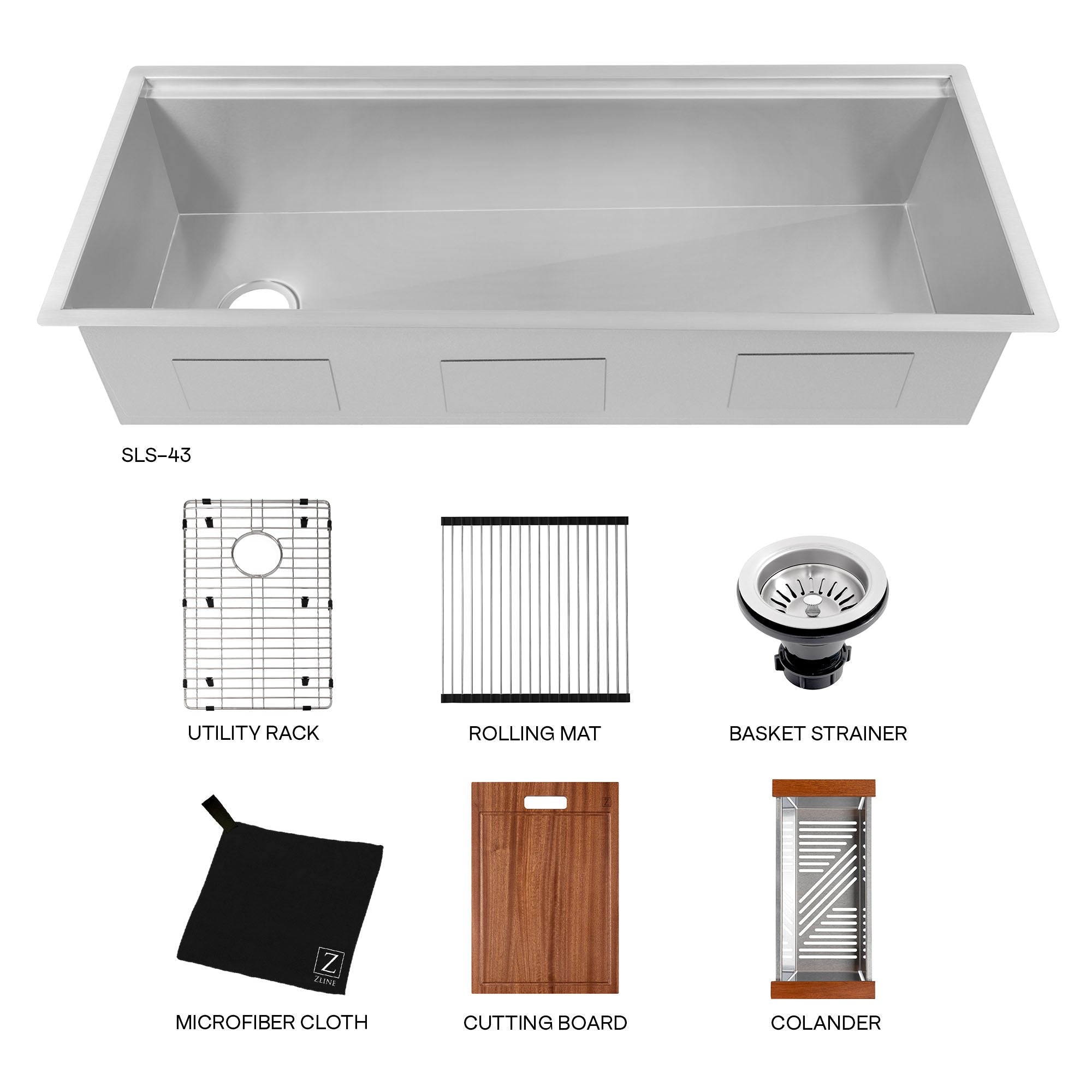 ZLINE 43" Garmisch Undermount Single Bowl Satin Stainless Steel Kitchen Sink with Bottom Grid and Accessories, SLS-43S