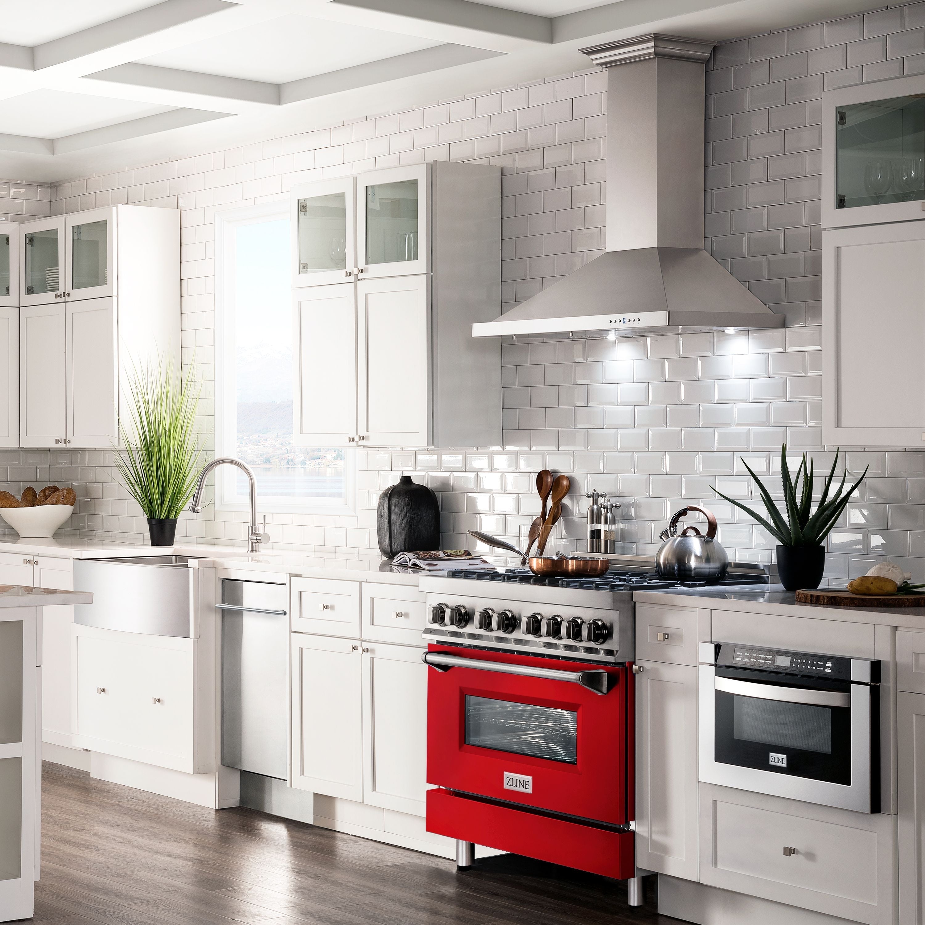 ZLINE 36 in. Dual Fuel Range with 6-Burner Gas Cooktop and Electric Convection Oven in Stainless Steel with Red Matte Door (RA-RM-36)