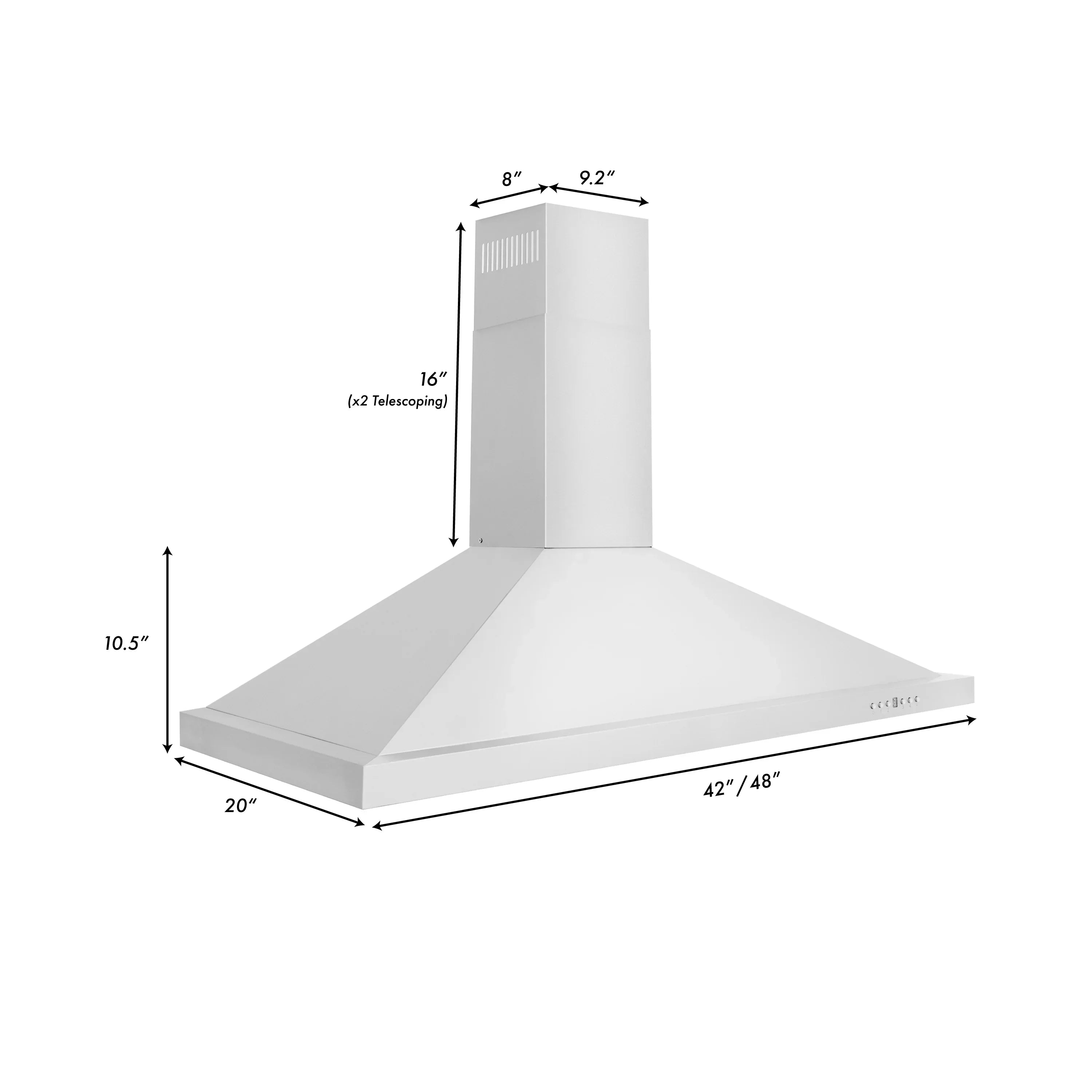 ZLINE 48 in. Wall Mount Range Hood Stainless Steel Convertible Vent 4-Speed KB-48