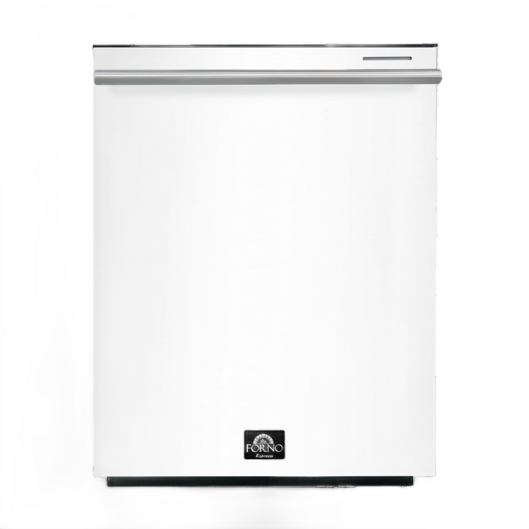 FORNO Espresso Package - 30" Electric Range, Range Hood, Refrigerator and Dishwasher in White with Stainless Steel Handles
