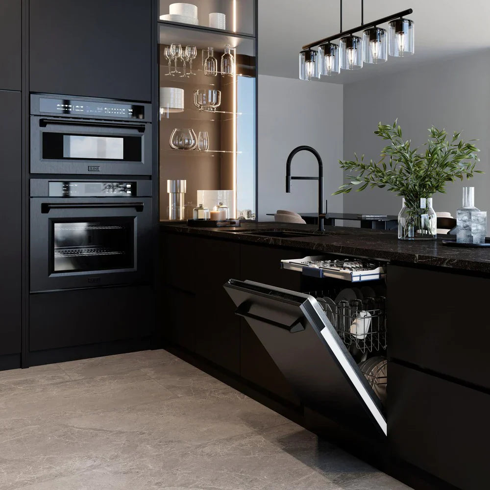 ZLINE Appliance Package - 30" Dual Fuel Range, Range Hood, 36" Refrigerator with Ice Maker, 24" Microwave Drawer and Dishwasher in Black Stainless Steel