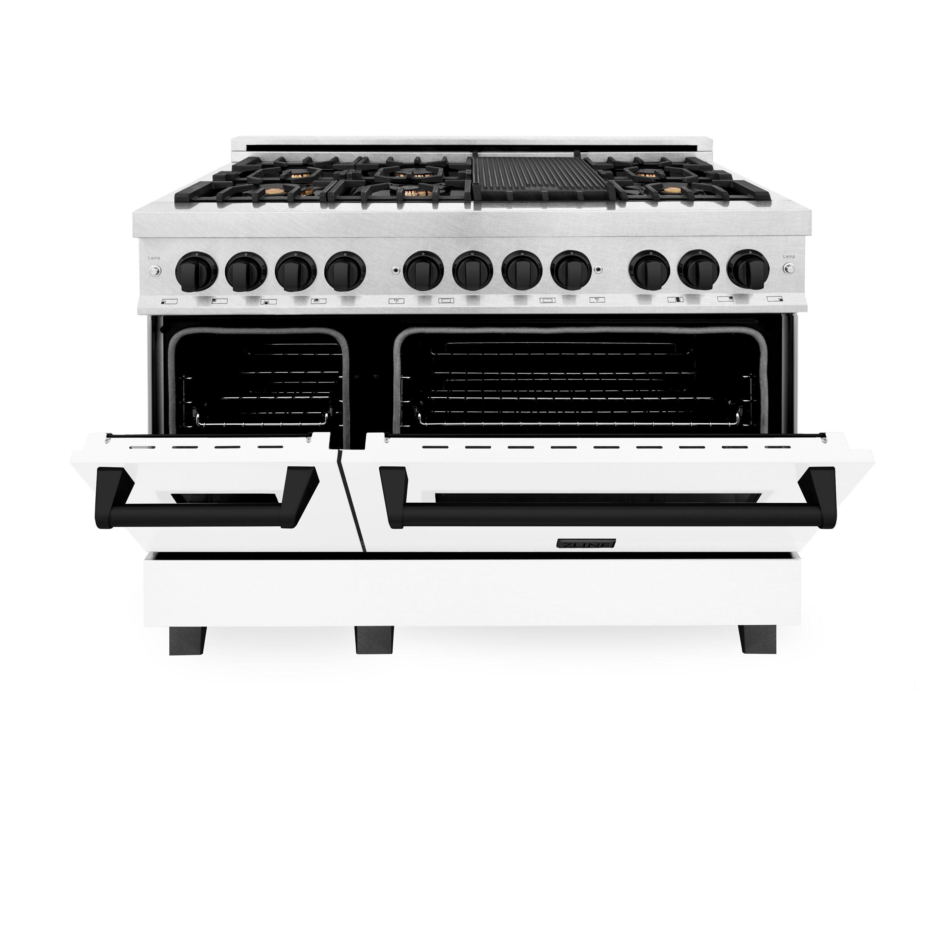 ZLINE Autograph 48 in. 6.0 cu. ft. Legacy Dual Fuel Range with 7 Gas Burners and Double Electric Ovens in Satin Stainless Steel with White Matte Doors and Matte Black Accents (RASZ-WM-48-MB)