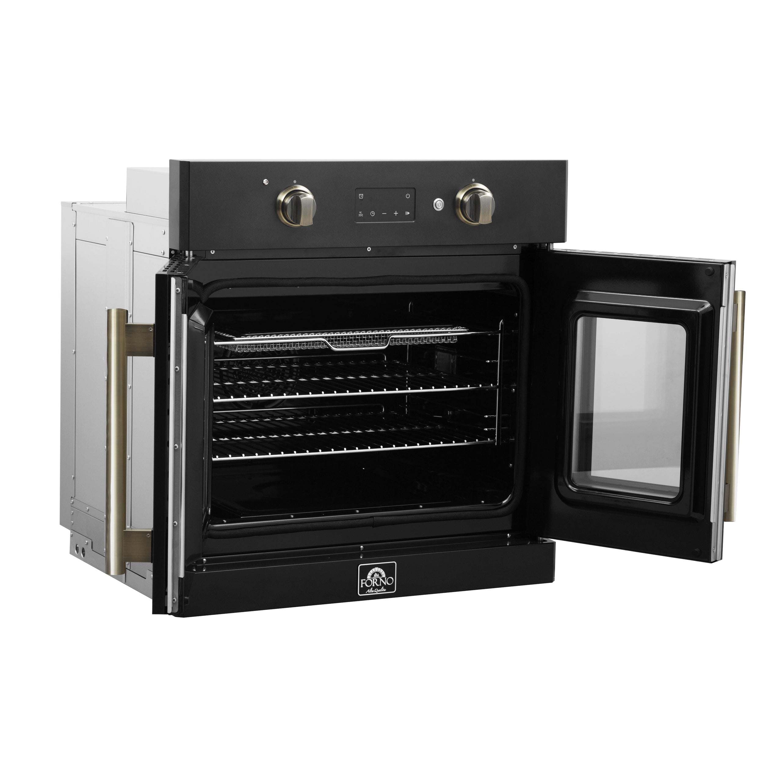 FORNO Asti 30-Inch French Door Electric Wall Oven, 3.58 Cu. Ft., Air Fry, Self-Clean, Sous Vide, Black with Antique Brass Accents (FBOEL1333-30BLK)