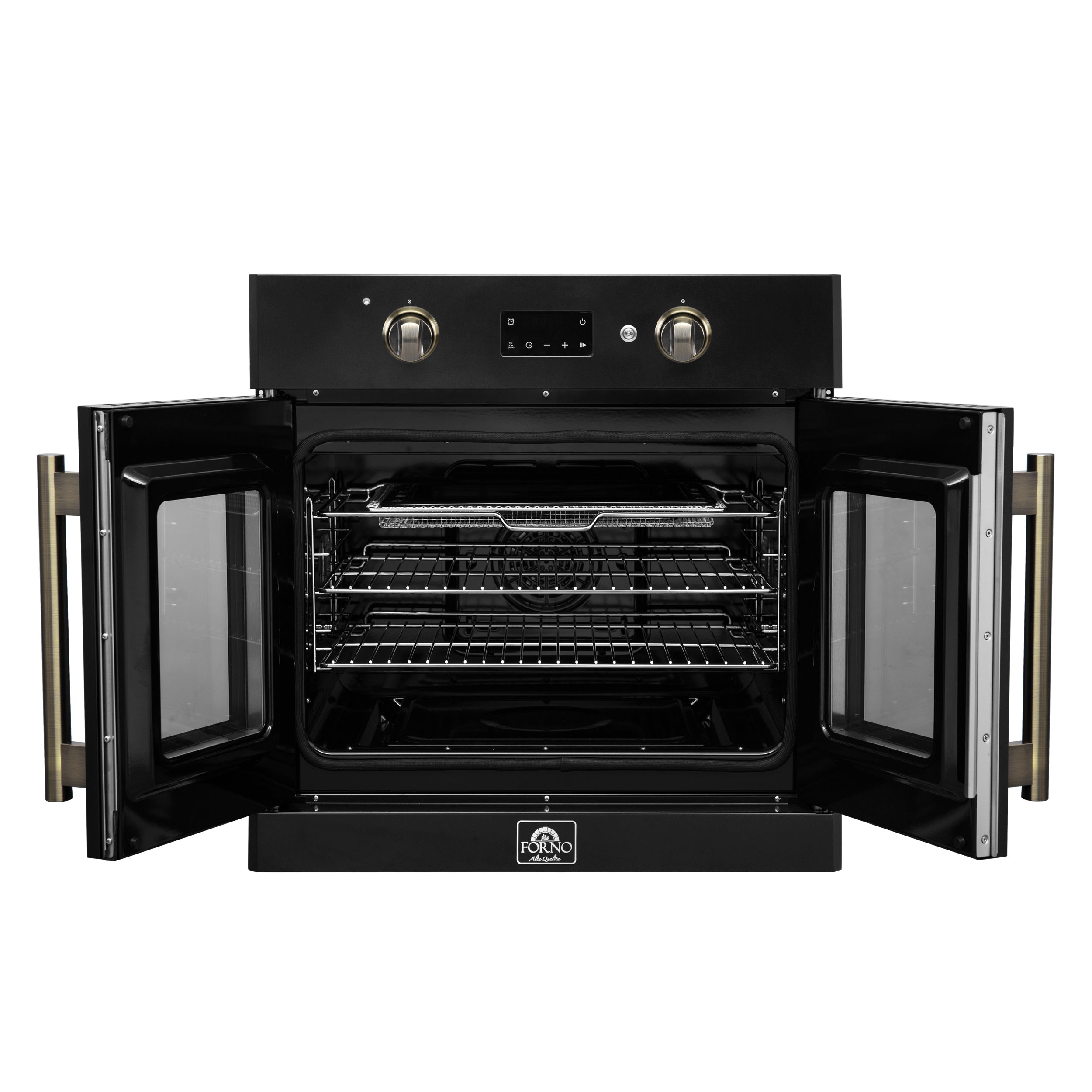 FORNO Asti 30-Inch French Door Electric Wall Oven, 3.58 Cu. Ft., Air Fry, Self-Clean, Sous Vide, Black with Antique Brass Accents (FBOEL1333-30BLK)