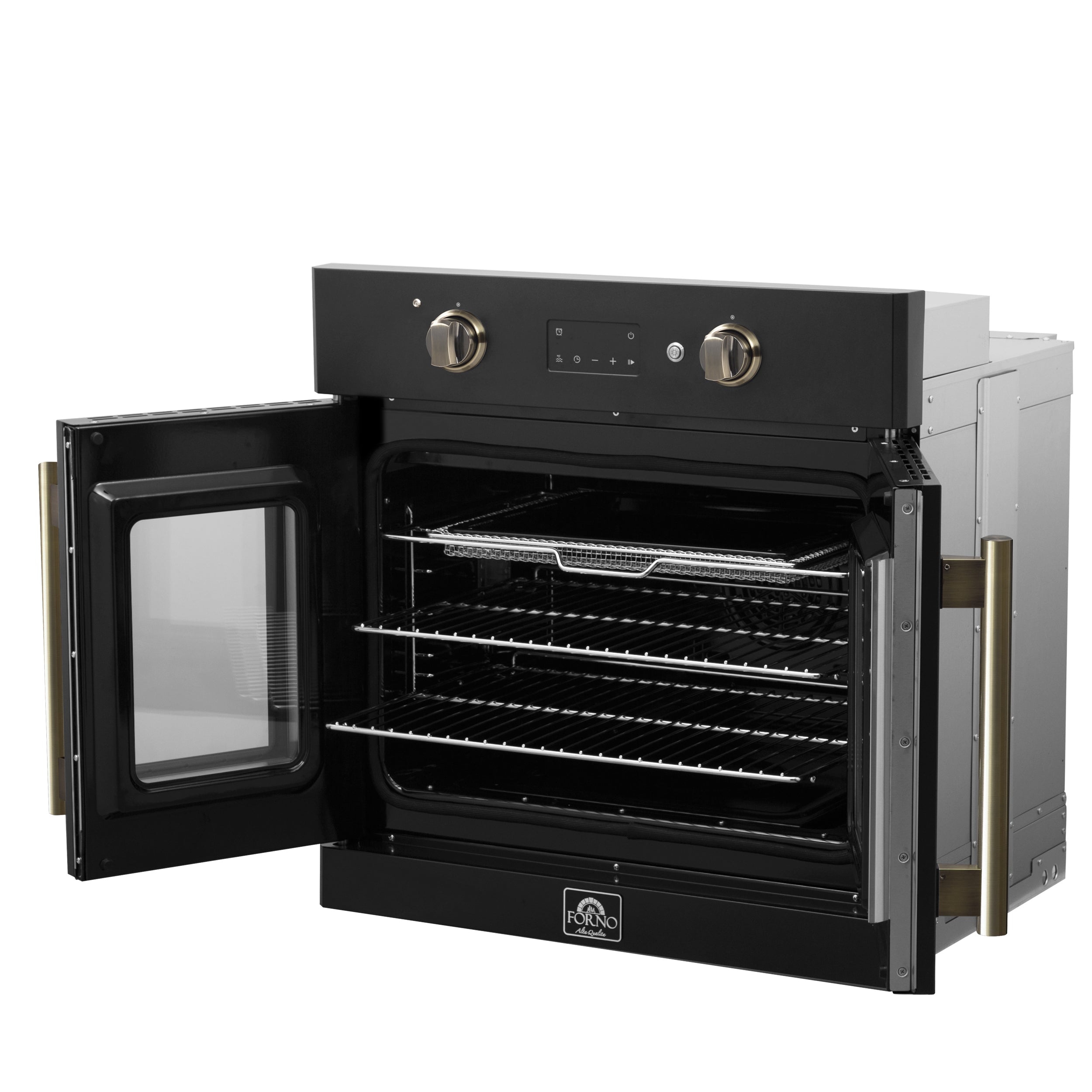 FORNO Asti 30-Inch French Door Electric Wall Oven, 3.58 Cu. Ft., Air Fry, Self-Clean, Sous Vide, Black with Antique Brass Accents (FBOEL1333-30BLK)