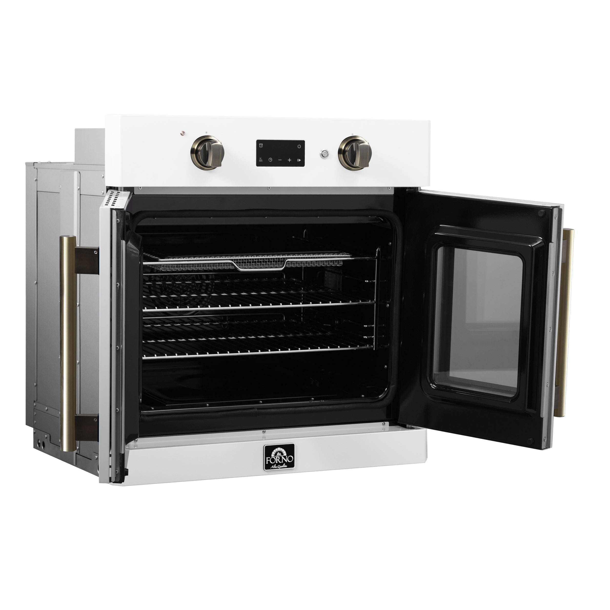 FORNO Asti 30-Inch Electric Wall Oven, 3.58 cu ft, French Door, Air Fry, Sous Vide, Self-Clean, White with Antique Brass Accents (FBOEL1333-30WHT)