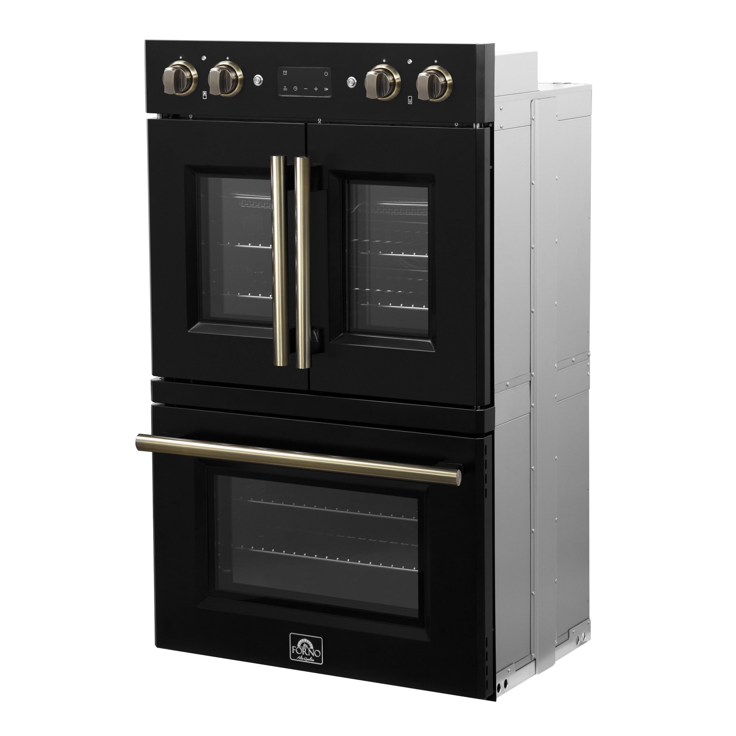 FORNO Asti 30-Inch Double Electric Wall Oven, 7.36 Cu. Ft., French Door, Air Fry, Self-Clean, Sous Vide, Black with Antique Brass Accents (FBOEL1340-30BLK)