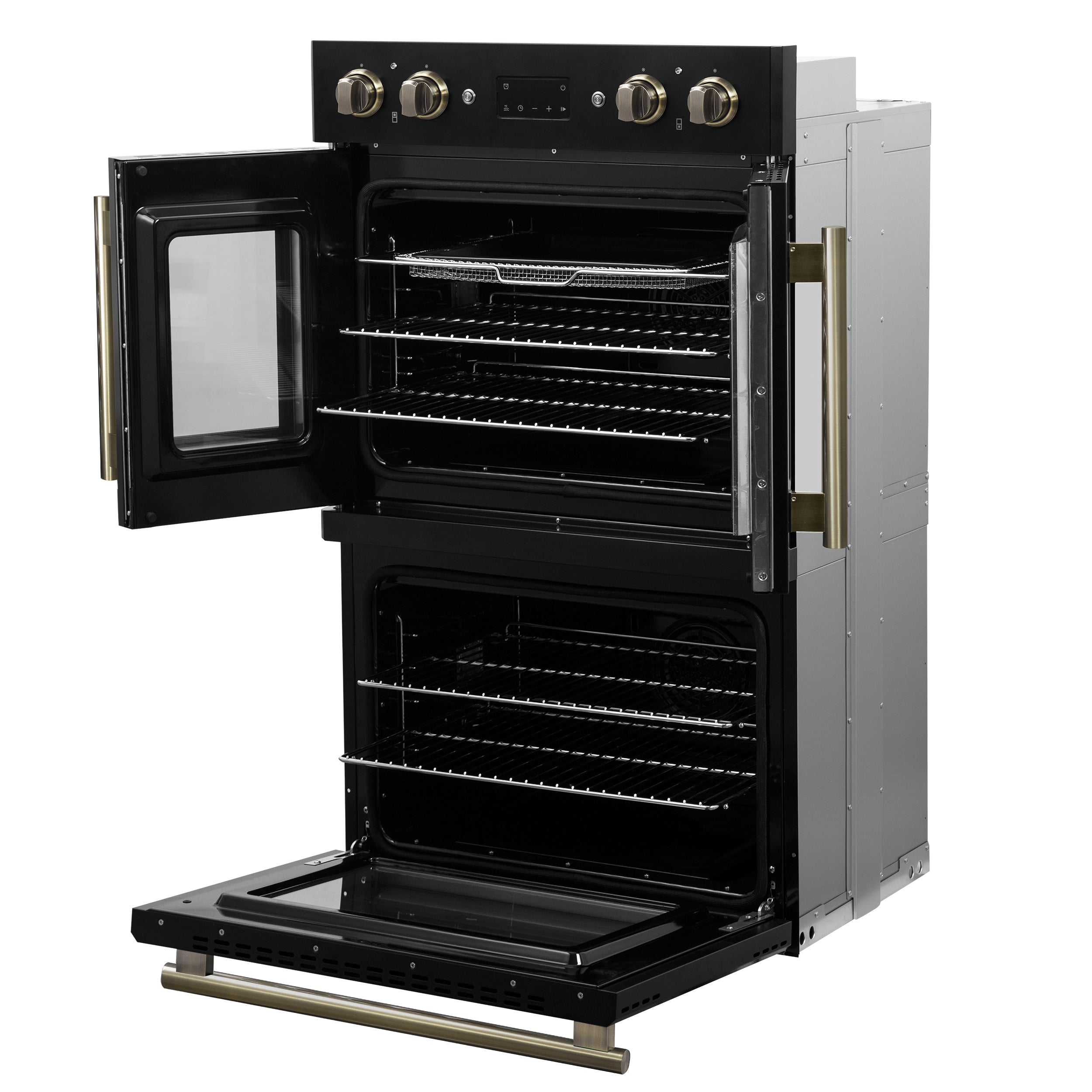 FORNO Asti 30-Inch Double Electric Wall Oven, 7.36 Cu. Ft., French Door, Air Fry, Self-Clean, Sous Vide, Black with Antique Brass Accents (FBOEL1340-30BLK)