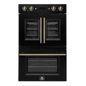 FORNO Asti 30-Inch Double Electric Wall Oven, 7.36 Cu. Ft., French Door, Air Fry, Self-Clean, Sous Vide, Black with Antique Brass Accents (FBOEL1340-30BLK)